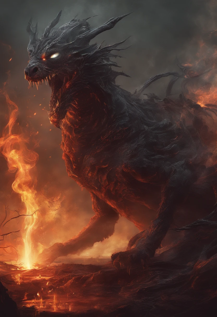 Otherworldly mystical creature, terrifying atmosphere, fire, smoke, hyperrealism, high quality, masterpiece