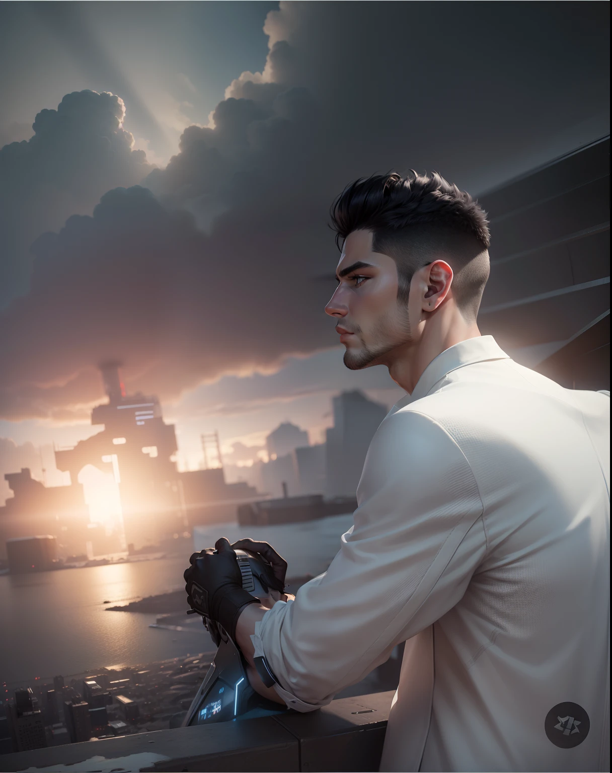 Change background, cyperpunk, handsome boy, realistic face,8k, ultra realistic,white clothes,standing in heaven ,black hair,sharp eyes