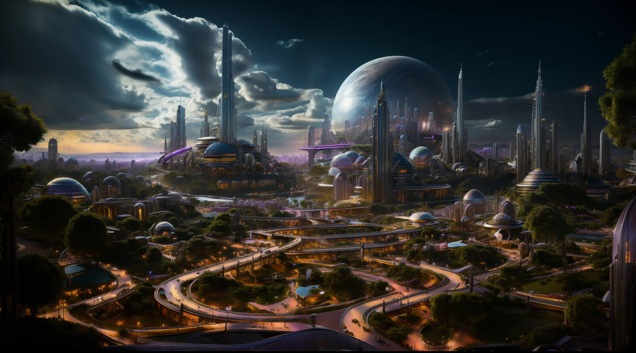 Futuristic City, mixed with nature, violet hue sky, ultra-high quality, ultra detailed, 4k