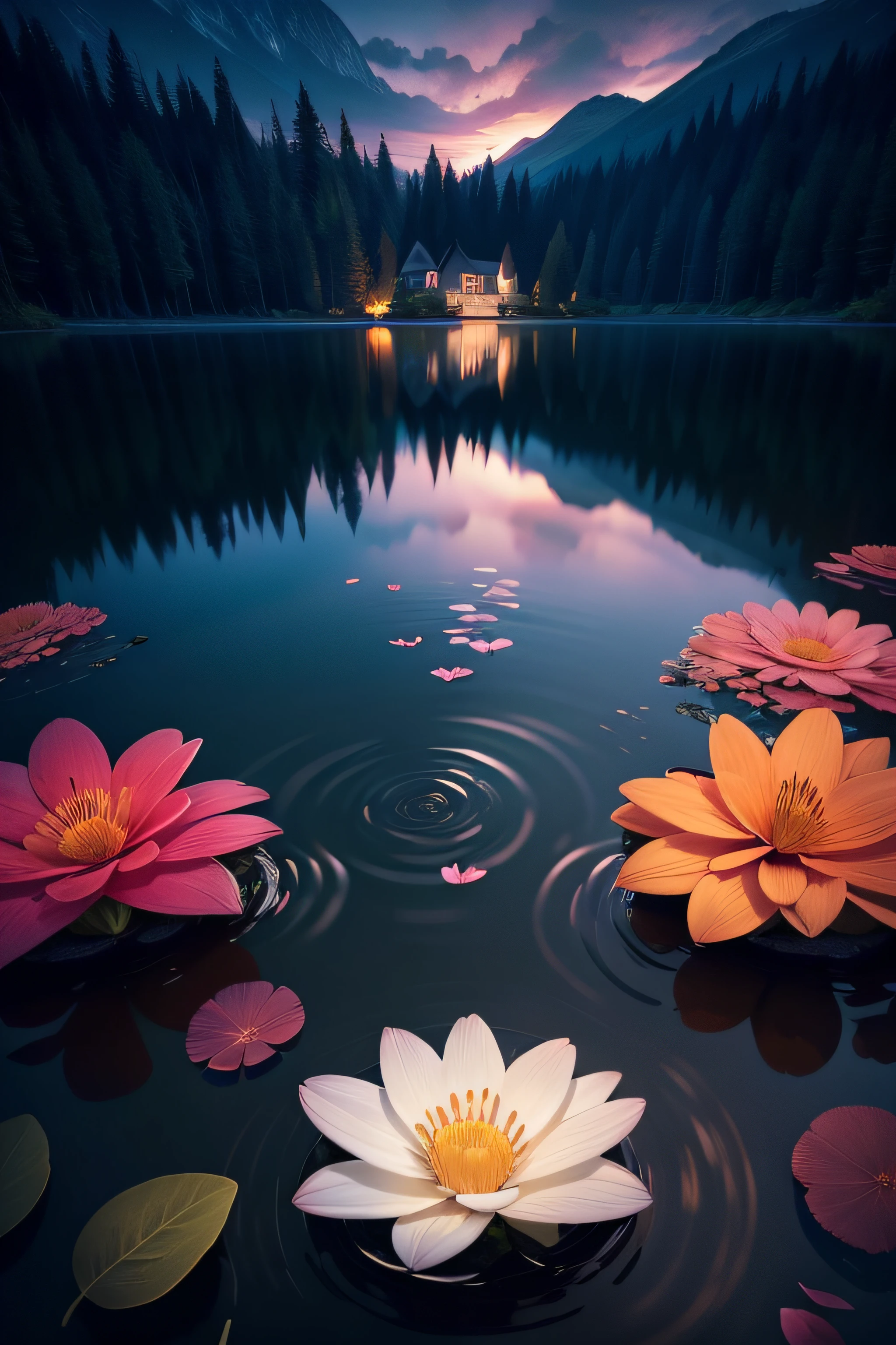 flower,night,mysterious,lake