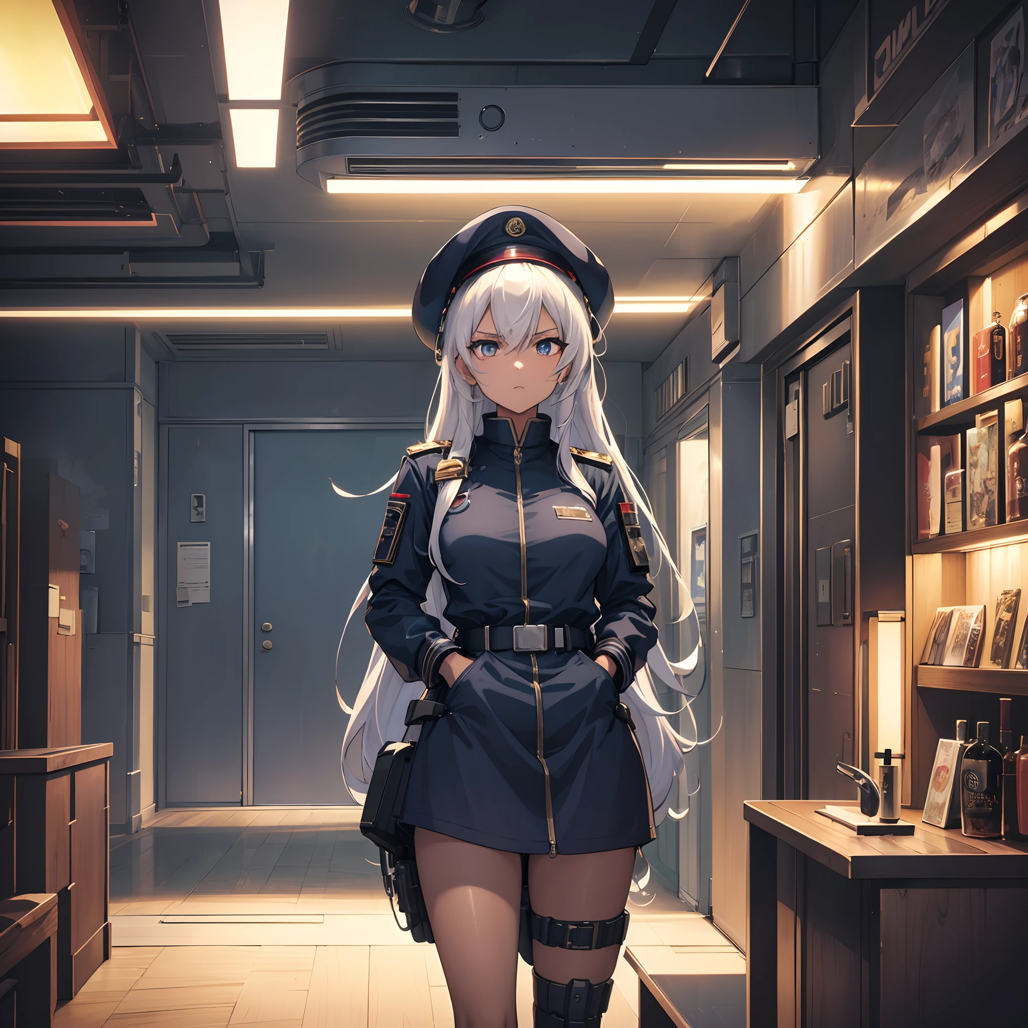 a dark brown skin anime girl with white hair wearing dark blue full retro military uniform also wearing military hat, cool tomboy, inside a bar at night, badass anime 8 k, female dark sci fi anime girl, digital sci fi anime art, sci fi anime girl, anime sci fi art, anime girl mech, modern sci fi anime, cyberpunk anime art, digital sci fi - anime art, anime sci fi, cyberpunk angry gorgeous goddess, portrait, sci fi, insidebar, cyberpunk, absurdres, high res, ultrasharp, 8K, masterpiece, looking at viewer,HDR, sci-fi, professional, sharp focus, very dim lighting, bokeh, best quality,(ultra-detailed),hyper details,(delicate detailed), (intricate details), (cinematic light,best quality Backlights), clear line, ,perfect body
