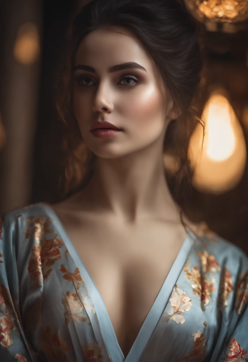 shukezouma, rendering by octane, hdr, (ultra - detailed:1.25), (Soft light, Sharp:1.2), 1girll, Beautiful girl, dark brown hair, hyper detail eyes, mature, Painting drops, paint teardrops, woman made up from paint, entirely paint, splat, Splash, Long colored hair, Kimono made of paint, Ultra-fine texture kimono, Paint kimono, paint bulb, Exposed cleavage, Sexy, paint drops, Indoors, Exposed shoulders, Tears, Sexy, shoulders are visible, Thighs exposed, seminude, focus onface, Beautiful face, eye shadows, Dark circle contour, russian face, Russian girl, mascara, Beautiful, 18yr old