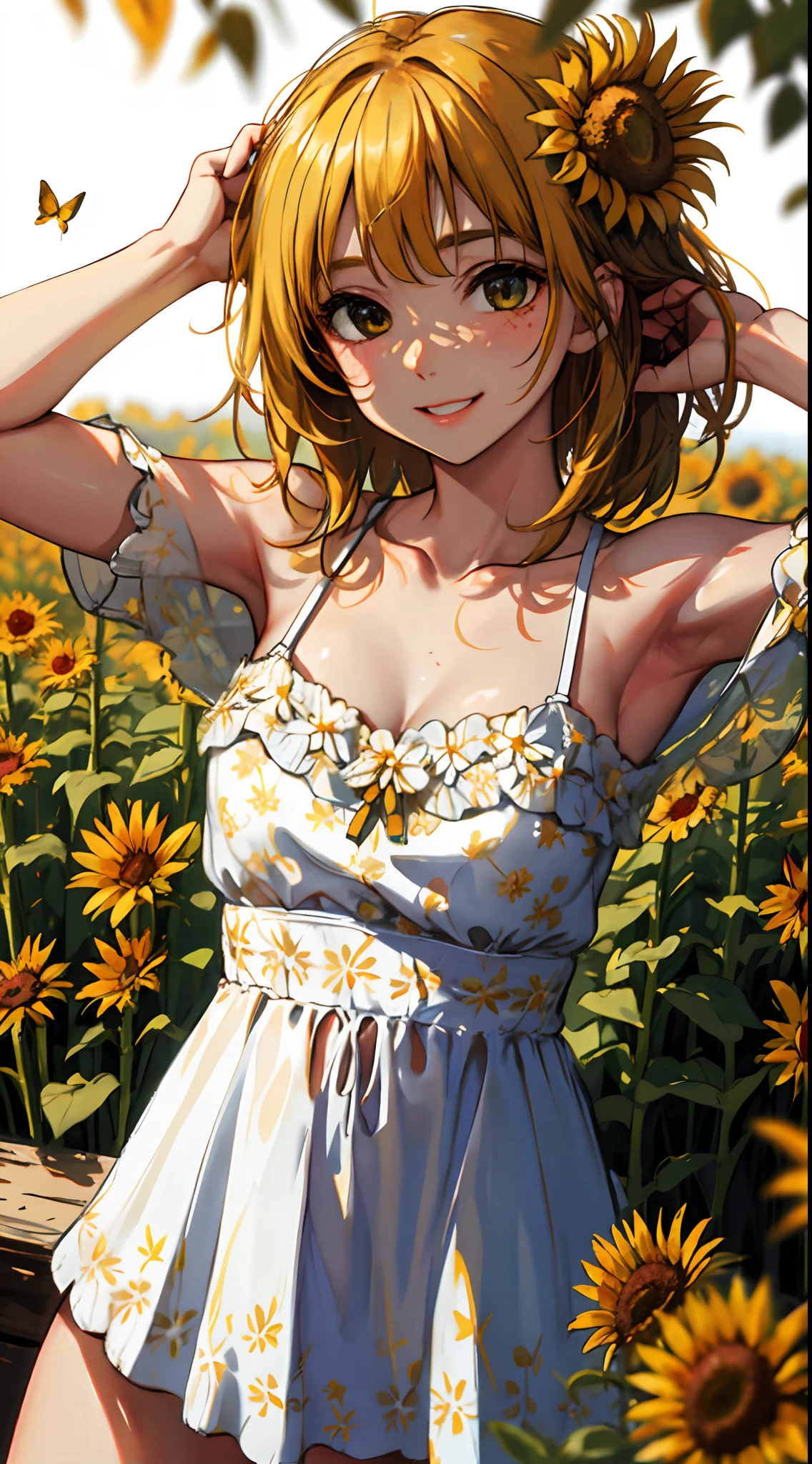 1 girl, upper body, single focus, youthful charm, daisy-adorned attire, sunflower-like smile, (wildflower meadow: 1.4), (sunshine and blooms: 1.3), freckled cheeks, cheerful aura, [depth of field, ambient lighting, wildflower foreground, sunny meadow background], blooming daisies, warm sunshine, dancing petals, (sunlit grove), (butterfly: 1.2), intricate floral details, enhanced lighting.