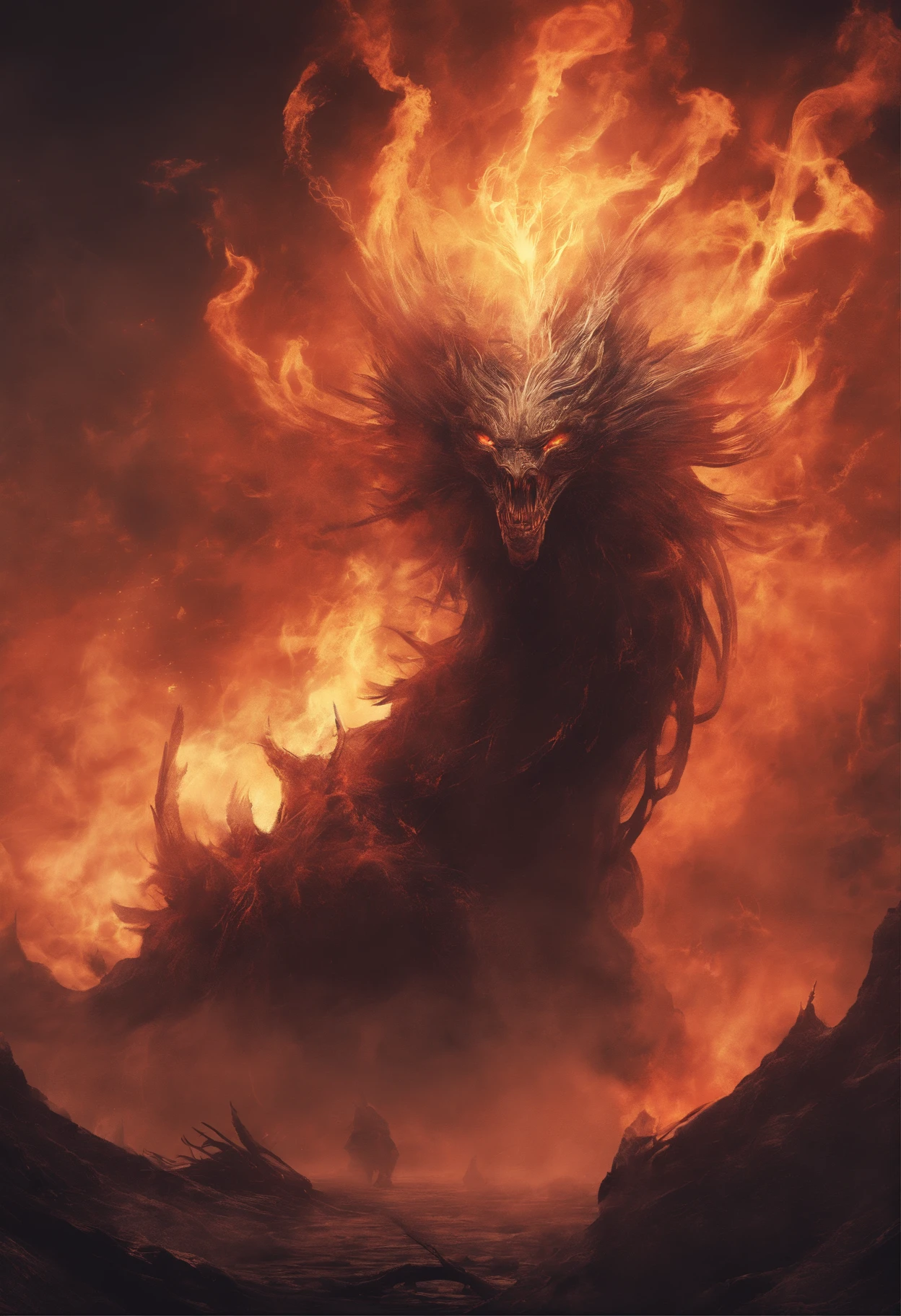 Otherworldly mystical creature, terrifying atmosphere, fire, smoke, hyperrealism, high quality, masterpiece