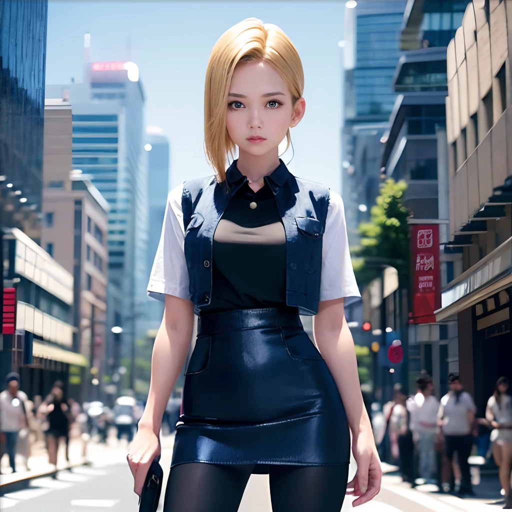 Woman in blue clothes holding lightning, concept-art:Akira Toriyama, Trends of the CG Association, Art Today, Official art, Screenshots of PlayStation 5, 1. Super Detail Woman、Android 18、独奏、blonde  hair、((Blue eyes))、short-hair、耳Nipple Ring、jewely、Denim Vest、open vest、Black pantyhose、White shirt、Denim skirt、 Short sleeves with black stripes,,,,,, a blue skirt, middlebreasts, Cowboy Shots, Street,((Futuristic city background street))、8K、Ulutra HD、Sharp lines、top-quality、hight resolution、