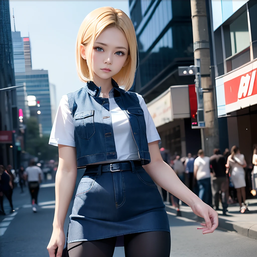 Woman in blue clothes holding lightning, concept-art:Akira Toriyama, Trends of the CG Association, Art Today, Official art, Screenshots of PlayStation 5, 1. Super Detail Woman、Android 18、独奏、blonde hair、((Blue eyes))、short-hair、耳Nipple Ring、jewely、Denim Vest、open vest、Black pantyhose、White shirt、Denim skirt、 Short sleeves with black stripes,,,,,, a blue skirt, middlebreasts, Cowboy Shots, Street,((Futuristic city background street))、8K、Ulutra HD、Sharp lines、top-quality、hight resolution、