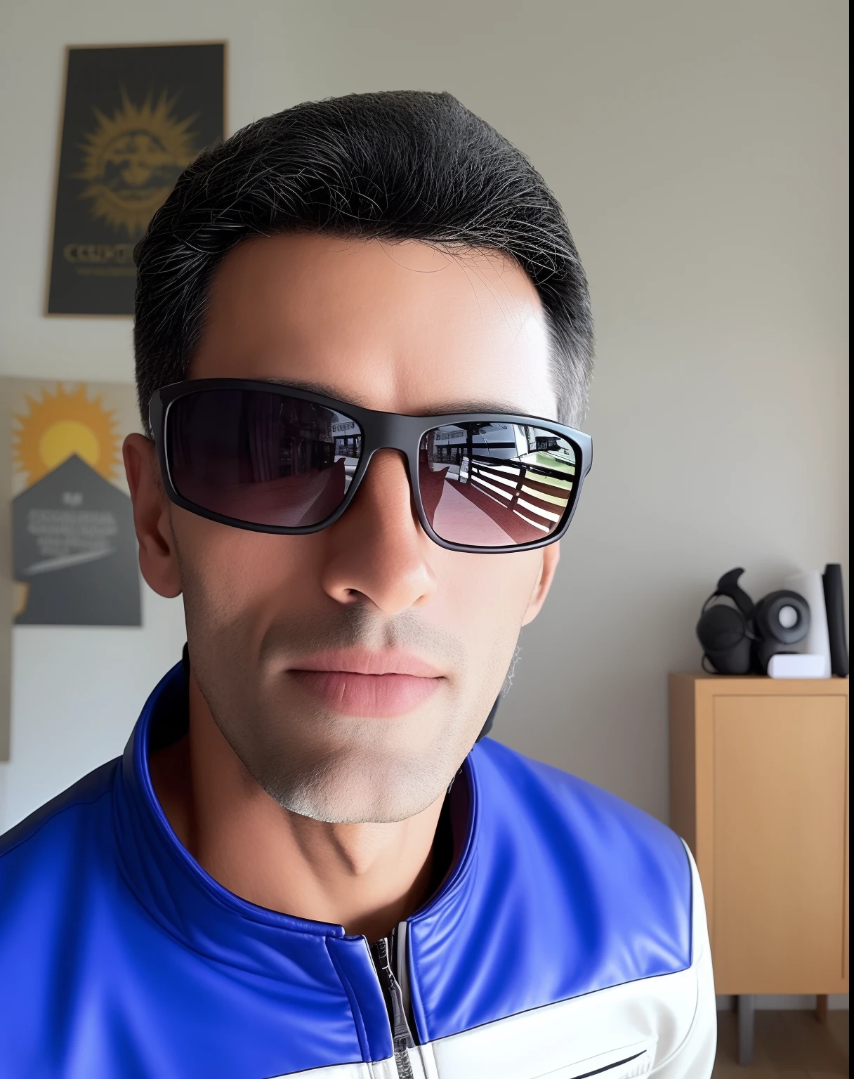 Homem de 30 anos com jaqueta preta de couro. jaqueta de academia. jaqueta preta de academia. pele bronzeada. sun glasses. Em uma sala preta de academia.