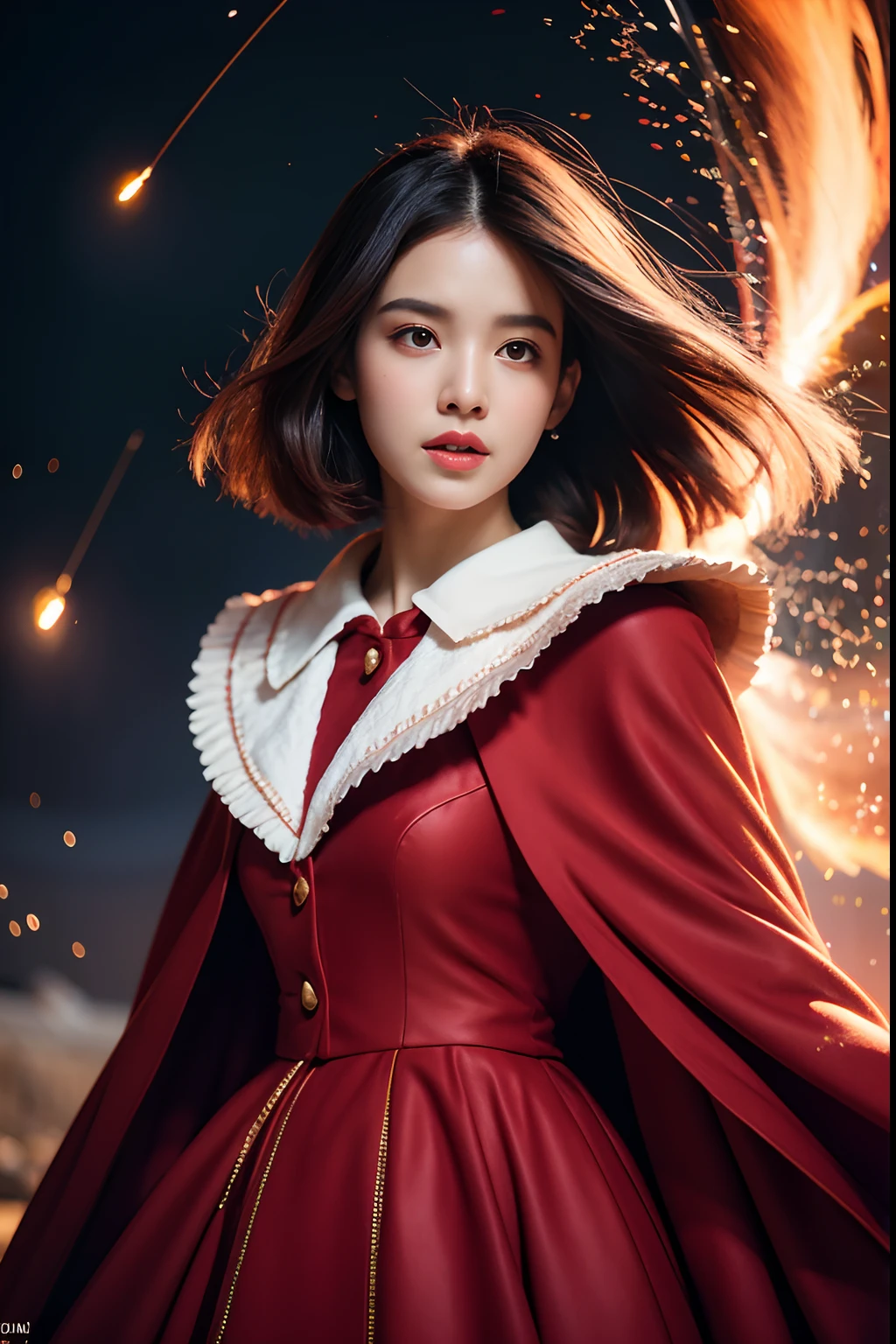 RAW photo, full sharp, (Full HD epic wallpaper) 8K  UHD, Digital SLR, Soft lighting, High quality, filmgrain, Fujifilm XT3, hiqcgbody, (1人, Kizi:1.2),the night，Focus above the thighs, Broken glass effect, Vivid yellow flame, Ethereal sparks, vulnerable, Red eyes, Long gray hair,Wind，Fluttering head， buzz cut, Style - Gravity magic, Looking down, Solo, , Detailed background, Detailed face, Pale complexion,(( Lolita costume)), redcloak, Cape, Hood, malicious expression, The scarlet symbol rotates in the air,(Floating fire particles, particle fx), Skylight color scheme, ( Huge red explosion flames), the are In the background, Surrounded by a crimson mist, Sunset, symetrical composition, Epic atmosphere,