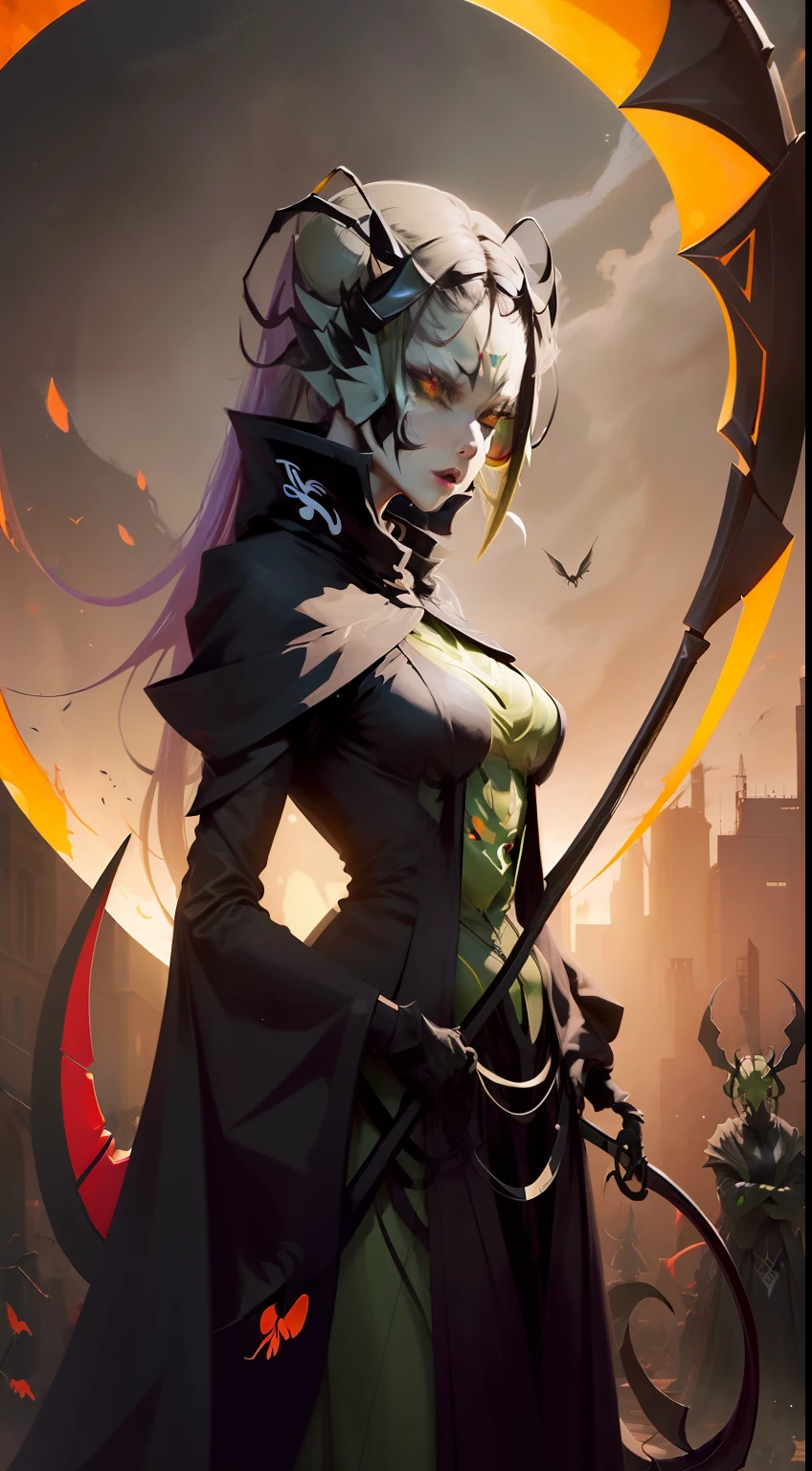 Illustration of a praying mantis woman sharply swinging a sickle down, A devil that combines creepiness and beauty、Atrocious、cruel、offensive、(femele:0.4 | mantis:1.8)、(Women's breast size:1.1)、Golden Ratio Beauty Face、Symmetrical beautiful face、Exudes an aura of aggression and coolness.、Stylish action poses that convey strength and confidence, (large Scythe :1.5), Set the background to a dark and polished atmosphere、The body is that of a praying mantis、Green body、green clothing、Full body