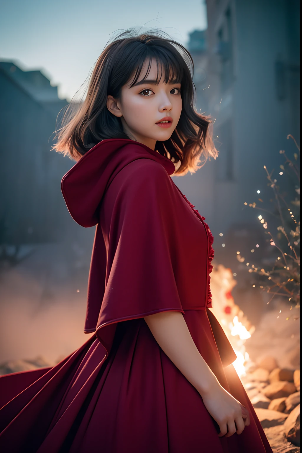 RAW photo, full sharp, (Full HD epic wallpaper) 8K UHD, Digital SLR, Soft lighting, High quality, filmgrain, Fujifilm XT3, hiqcgbody, (1人, Kizi:1.2),the night,Focus above the thighs, Broken glass effect, Vivid yellow flame, Ethereal sparks, vulnerable, Red eyes, Long gray hair,Wind,Fluttering head, buzz cut, Style - Gravity magic, Looking down, Solo, , Detailed background, Detailed face, Pale complexion,(( Lolita costume)), redcloak, Cape, Hood, malicious expression, The scarlet symbol rotates in the air,(Floating fire particles, particle fx), Skylight color scheme, ( Huge red explosion flames), the are In the background, Surrounded by a crimson mist, Sunset, symetrical composition, Epic atmosphere,
