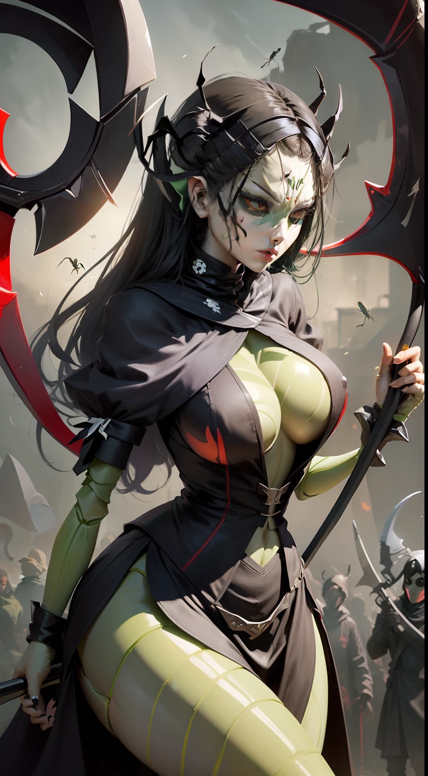 Illustration of a praying mantis woman sharply swinging a sickle down, A devil that combines creepiness and beauty、Atrocious、cruel、offensive、(femele:0.4 | mantis:1.8)、(Women's breast size:1.1)、Golden Ratio Beauty Face、Symmetrical beautiful face、Exudes an aura of aggression and coolness.、Stylish action poses that convey strength and confidence, (large Scythe :1.5), Set the background to a dark and polished atmosphere、The body is that of a praying mantis、Green body、green clothing、Full body