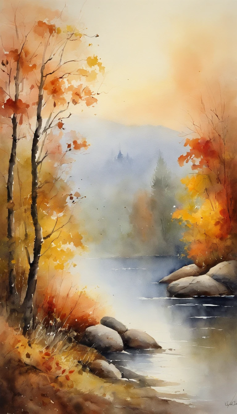 tmasterpiece, top-quality, high detal, Impressionism, Autumn morning, Cruise along the lake in the morning mist, haze, Cinematic light,