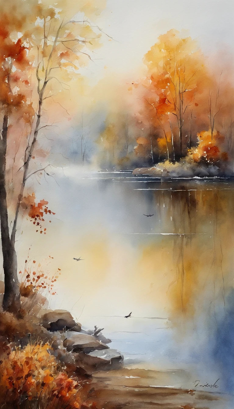 tmasterpiece, top-quality, high detal, Impressionism, Autumn morning, Cruise along the lake in the morning mist, haze, Cinematic light,