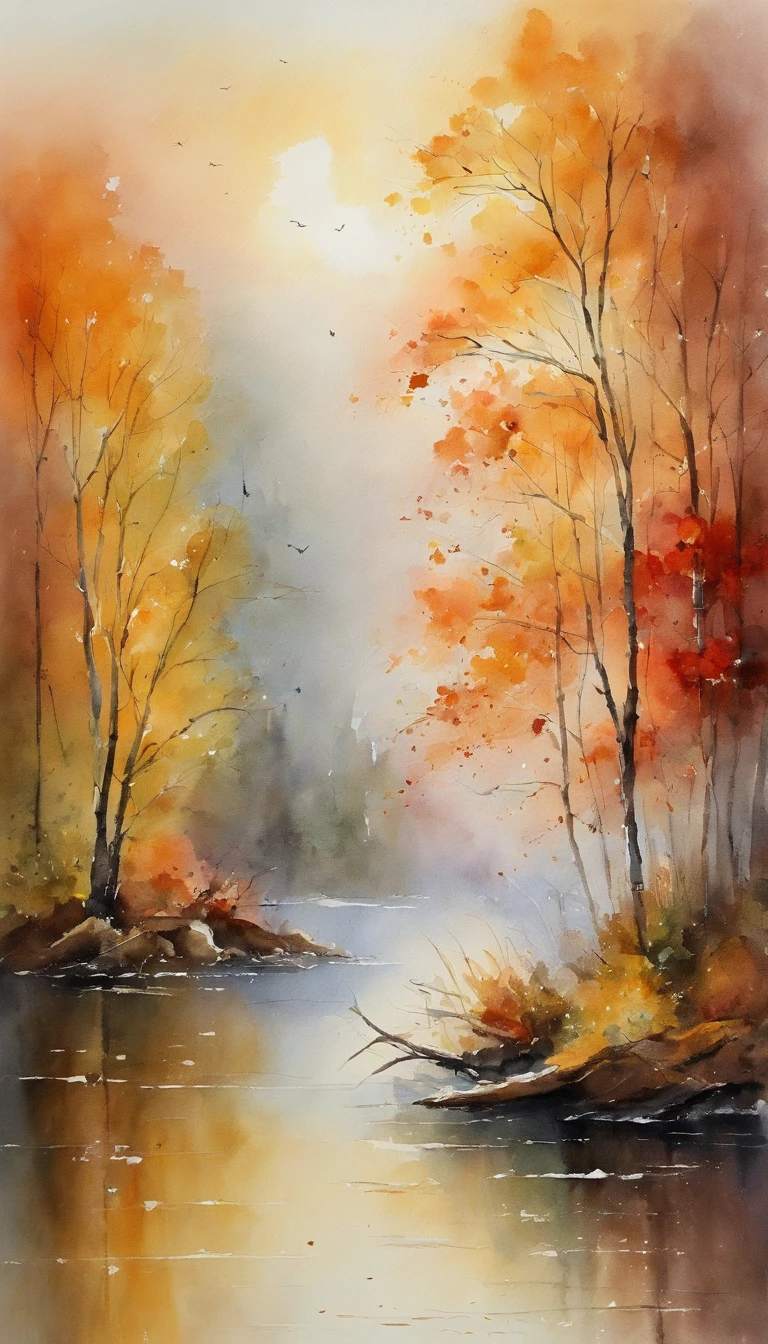 tmasterpiece, top-quality, high detal, Impressionism, Autumn morning, Cruise along the lake in the morning mist, haze, Cinematic light,