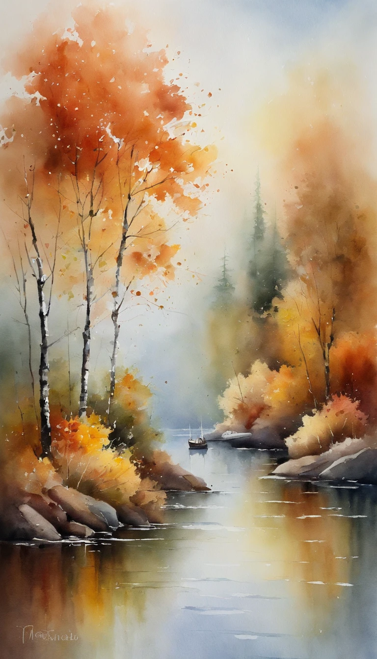 tmasterpiece, top-quality, high detal, Impressionism, Autumn morning, Cruise along the lake in the morning mist, haze, Cinematic light,