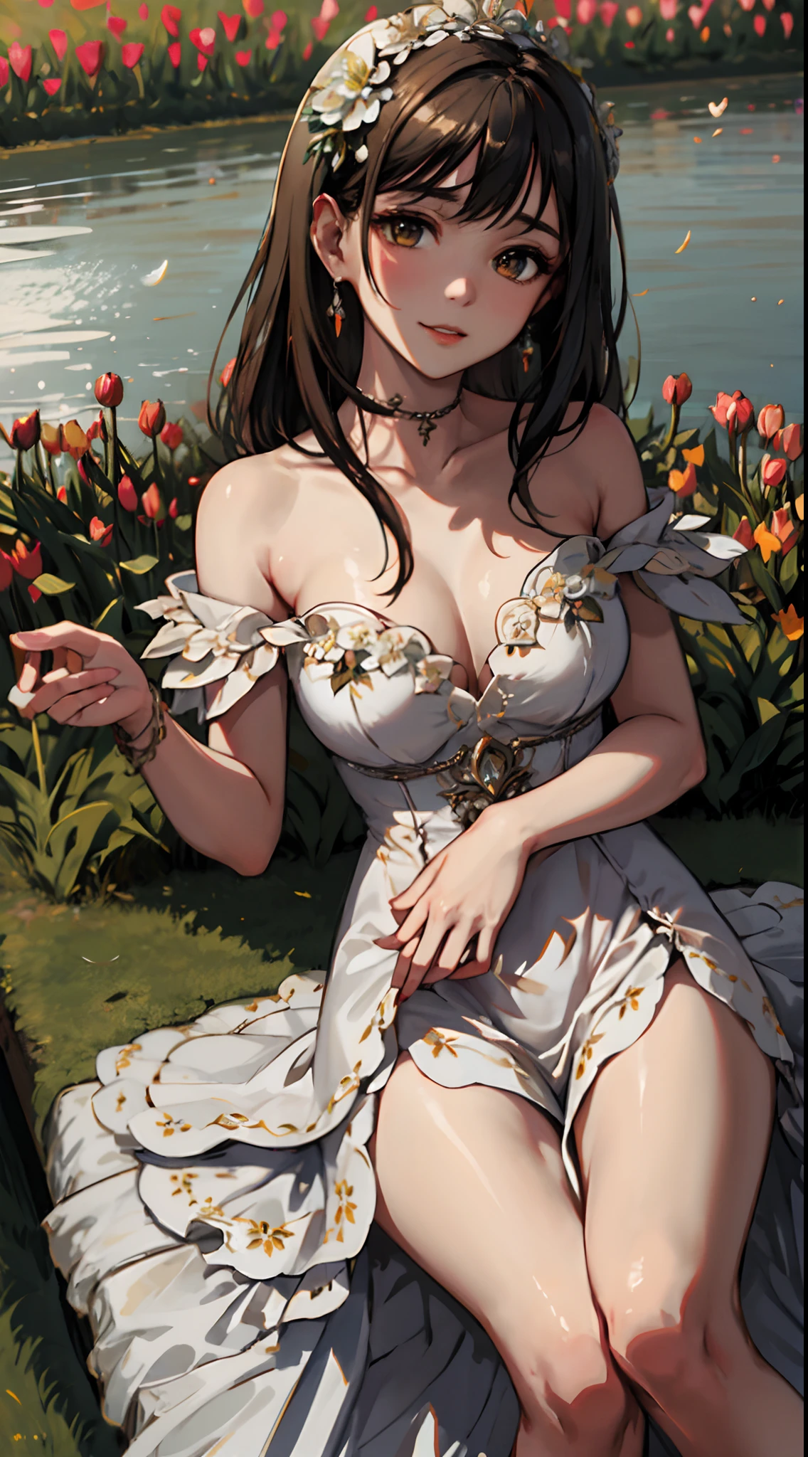 1 girl, upper body, single focus, graceful allure, tulip-inspired gown, timeless elegance, (tulip garden: 1.4), (springtime elegance: 1.3), velvety petals, enchanting aura, [depth of field, ambient lighting, tulip foreground, serene garden background], colorful tulips, tranquil garden, swaying blossoms, (scenic pond), (garden bench: 1.2), intricate floral details, enhanced lighting.