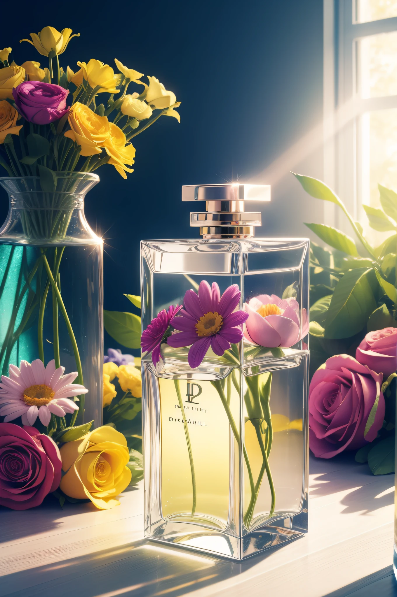 realistic perfume bottle surrounded with colorful flowers, colorful flowers surrounding a realistic perfume bottle, daylight, realistic lighting, 4k, high quality
