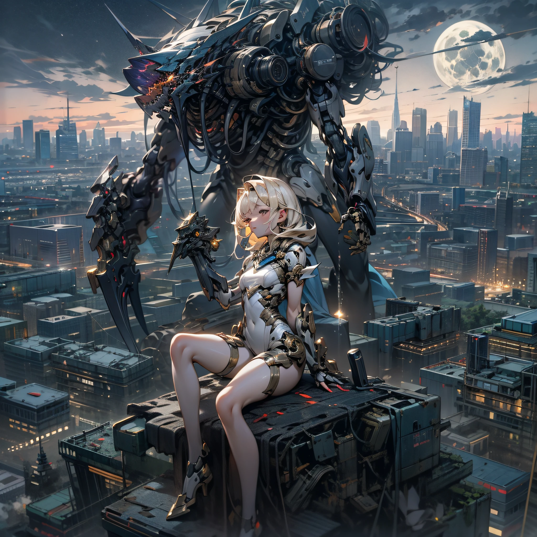 Aerial city cityscape,Hill where the moon shines,nighttime scene,Ruined cityscape,Mechanized blonde girl,The head is human,Half body machine,Left arm fully mechanical,Armament loading,The right arm is a human,reaching out,sulking,full body,from below,Masterpiece, high definition, perfect composition, perfect face, perfect body, golden ratio, 8K,