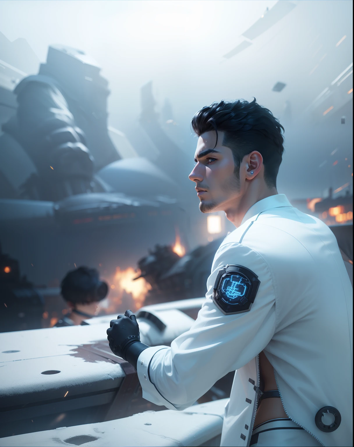 Change background, cyperpunk, handsome boy, realistic face,8k, ultra realistic,white clothes,standing on ships,black hair