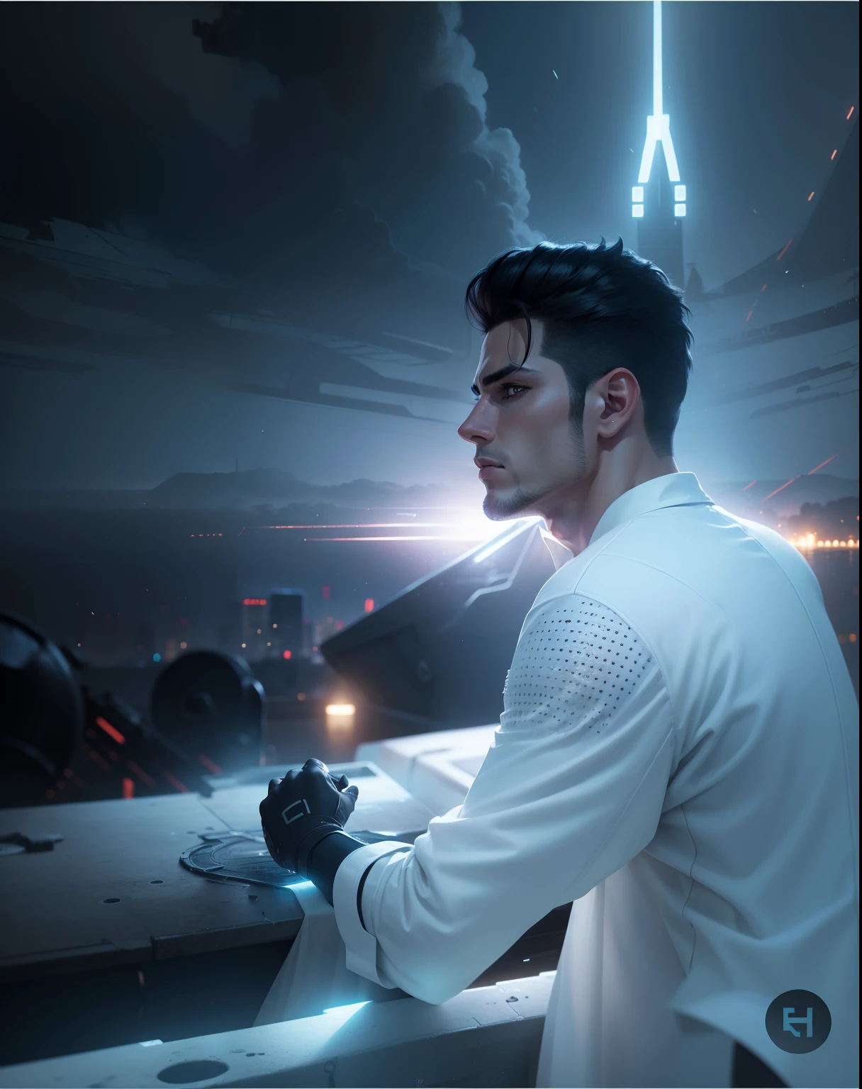 Change background, cyperpunk, handsome boy, realistic face,8k, ultra realistic,white clothes,standing on ships,black hair