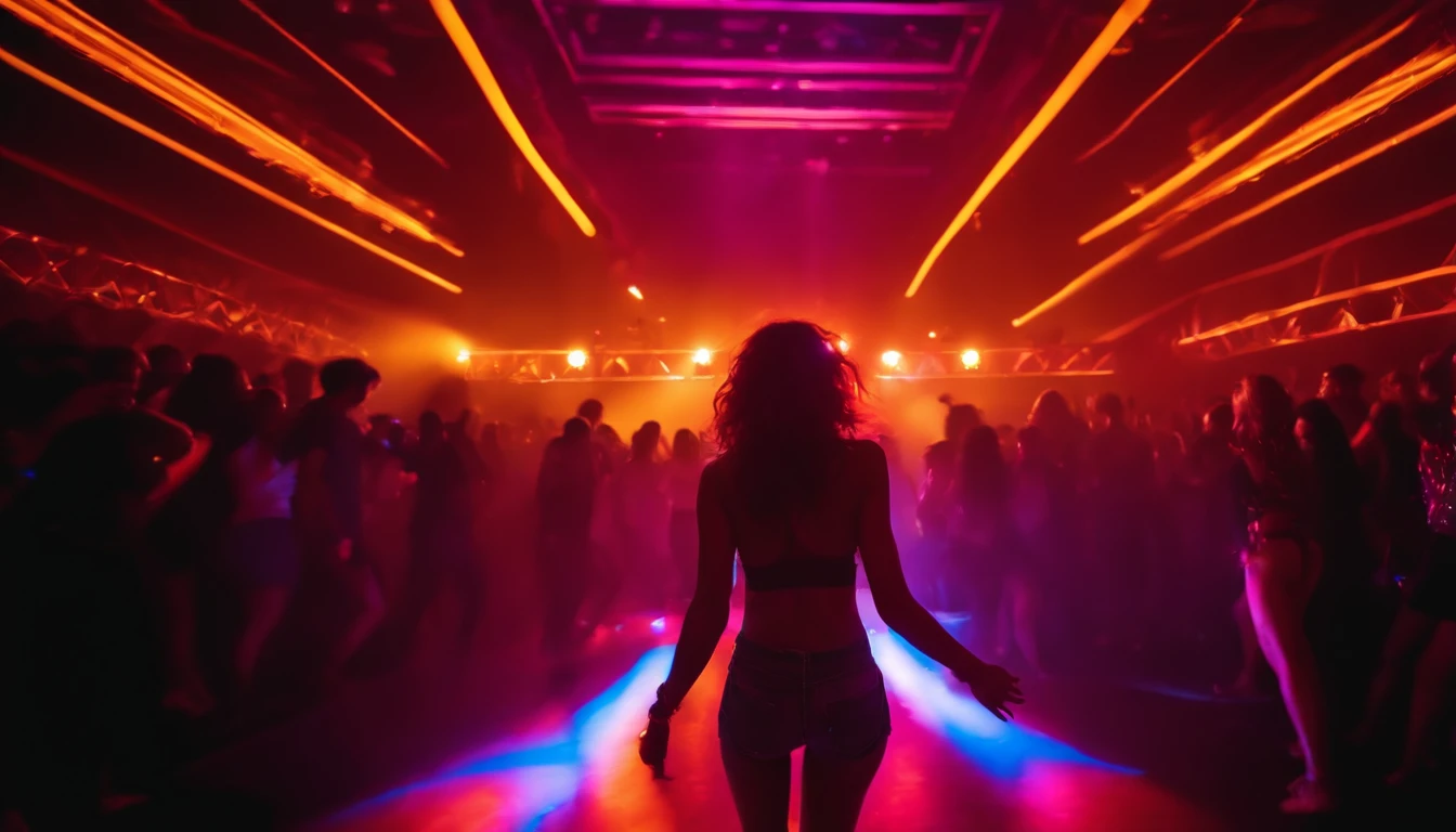 a girl dancing to tech house music,vibrant lights,energetic atmosphere,loud music,bass-heavy beats,colorful visuals,deep basslines,abstract graphics,striking visuals,pulsating rhythms,glowing neon lights,crowded dance floor,mesmerizing DJ,ecstatic crowd,enveloping sound,synchronized light show,electrifying energy,midnight vibes,unforgettable party,unrestrained joy,sweaty bodies moving rhythmically,transcendent experience