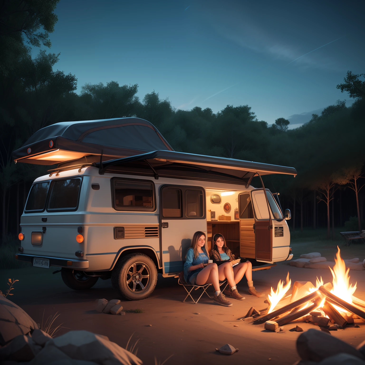 ((A night photo realistic picture of gorgeous adventure girls)) sit by a campfire, grills marshmallows, near with duotone sky blue and cream Dodge Powewagon Camper Van at campsite at background, steampunk look, offroad overland modification, design by Kahn Design in hyper realistic 3D CGI Render style, unreal engine, studio lighting, insanely detailed and intricate, ultra sharp, hyper maximalist