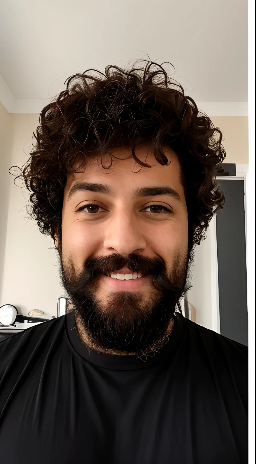 arafed man with a beard and a mustache smiling at the camera, com uma barba pequena, barba natural, barba enrolada, taken in the early 2020s, barba pequena, sem barba e bigode, neckbeard, barba aparada, sem barba, Basic t-shirt in black color, barba cheia, barba grisalha, em um podcast