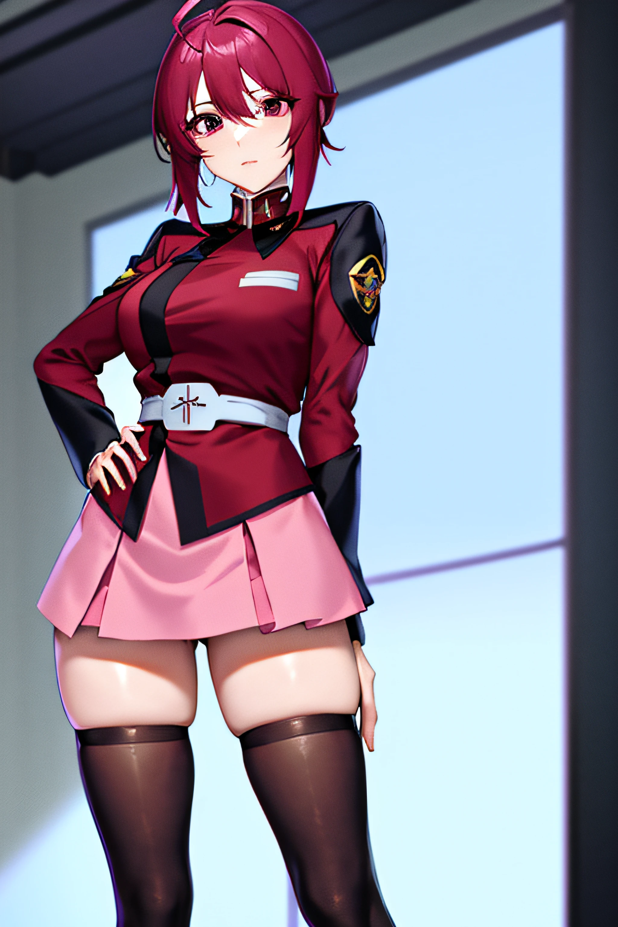 red hair, black uniform, blue eyes, gigantic breasts, cleavage, bare legs, ultra-detailed(best quality,highres:1.2), ultra-detailed eyes, smiling