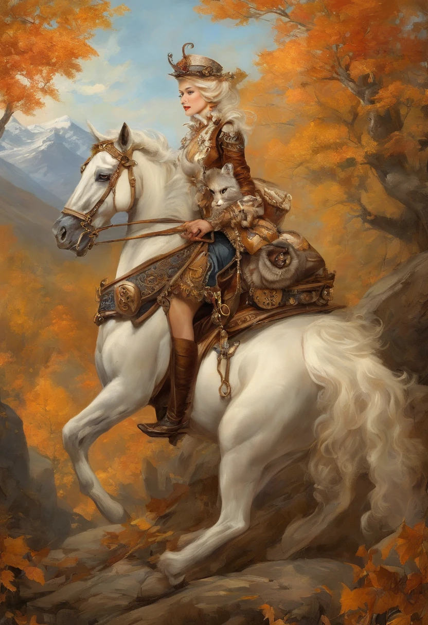High image quality、​masterpiece、Leyendecker's style、Fantasy 3D、One child wearing a cat mask、Nordic beautiful girl、Half eye、Blue eyes、Smirking expression、Pretty small face、Light makeup、cat ears on head、Platinum blonde short hair、tiny chest、short waist、Mountains with autumn leaves、Beautiful girl on horse、Stop and look down from the top of the mountain