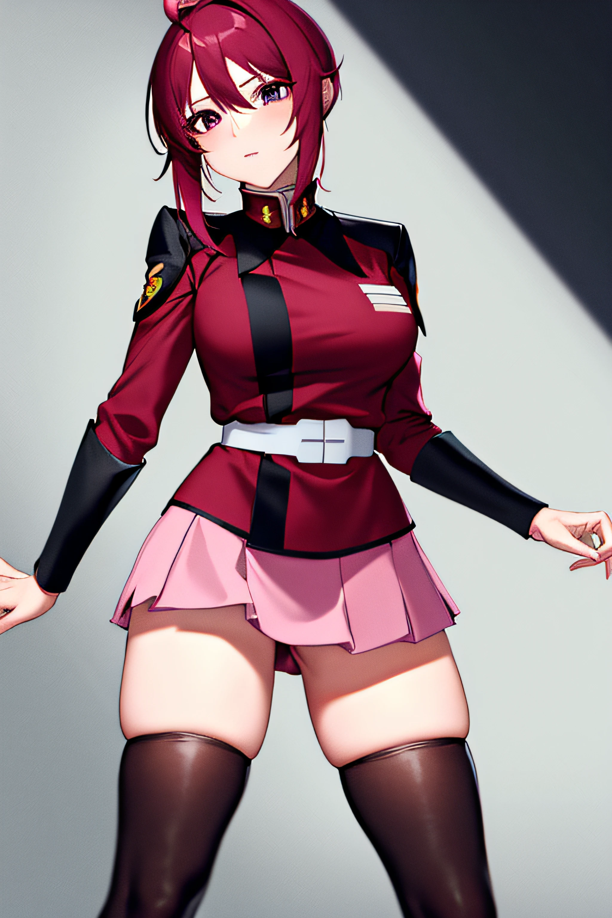 ​masterpiece, top-quality, Hi-Res, 1girl, 独奏, Pink skirt, military outfits, shorth hair, Ahoge, black thigh, red hairs, a purple eye, purple color  hair, long-sleeve, Head-on angle、Anime filling、Knee socks that dig into the thighs、Detailed hair、A detailed face