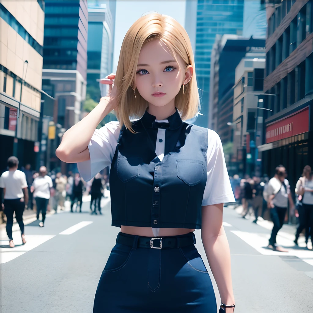 Cartoon characters flying in the sky、Woman in blue clothes holding lightning, concept-art:Akira Toriyama, Trends of the CG Association, Art Today, Official art, Screenshots of PlayStation 5, 1. Super Detail Woman、Android 18、独奏、blonde hair、((Blue eyes))、short-hair、耳Nipple Ring、jewely、Denim Vest、open vest、Black pantyhose、White shirt、Denim skirt、 Short sleeves with black stripes,,,,,, a blue skirt, middlebreasts, Cowboy Shots, Street,((Futuristic city background street))、8K、Ulutra HD、Sharp lines、top-quality、hight resolution、