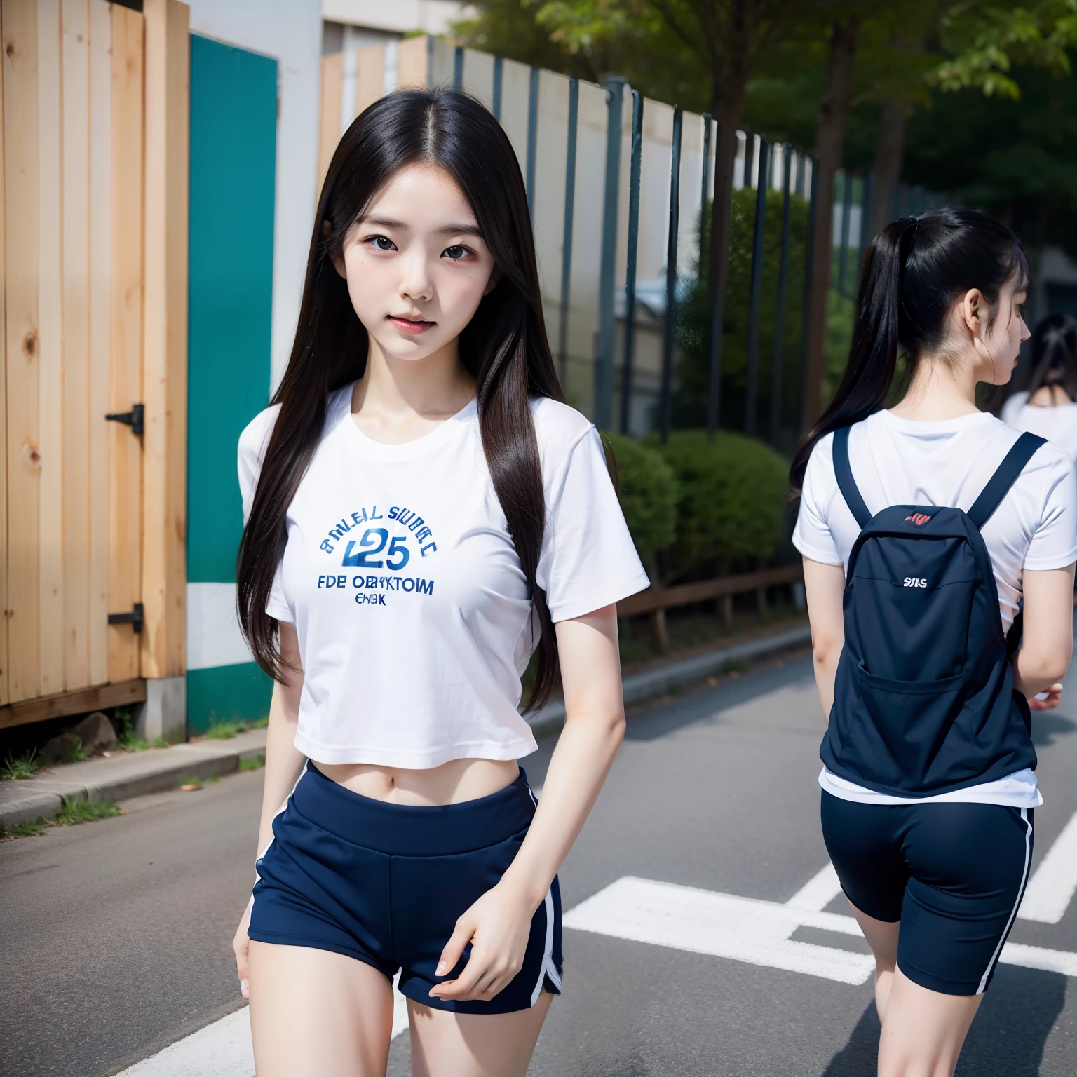 very real、Top-notch image quality、in 8K、fully body photo、Japan  at girls' high school、15yo student、Soio、ii、A dark-haired、Small Blast、150cm、Wearing gym clothes[White T-shirt、Navy blue shorts]、Walking、Fluid movement、Leaving school、fully body photo、Frontal perspective