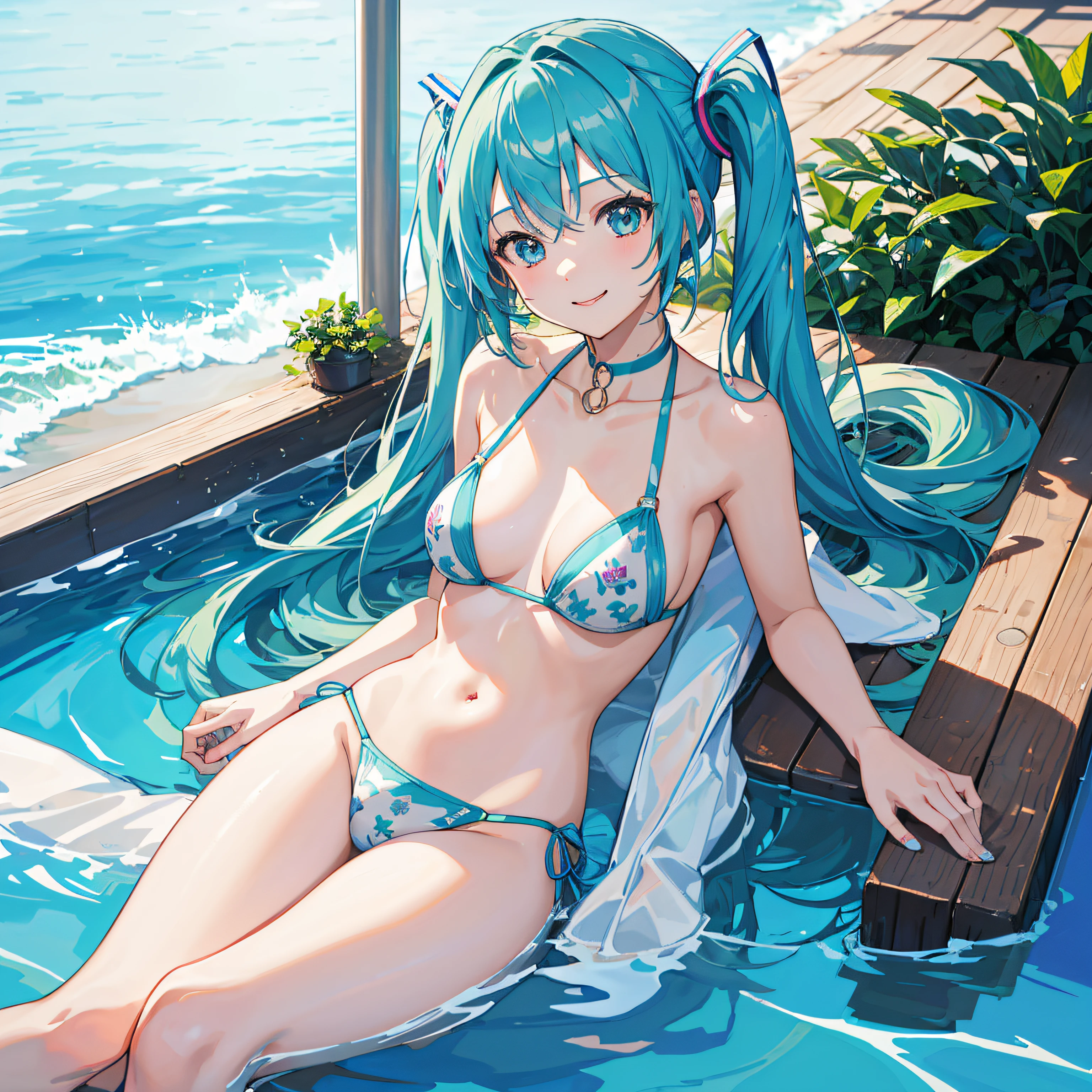 ​masterpiece、Top image quality、超A high resolution、nsfw、miku hatsune、blue hairs、Twin-tailed、Short hair、glad、a smile、Light blue string bikini、Borderline string bikini、in poolside、resort hotel