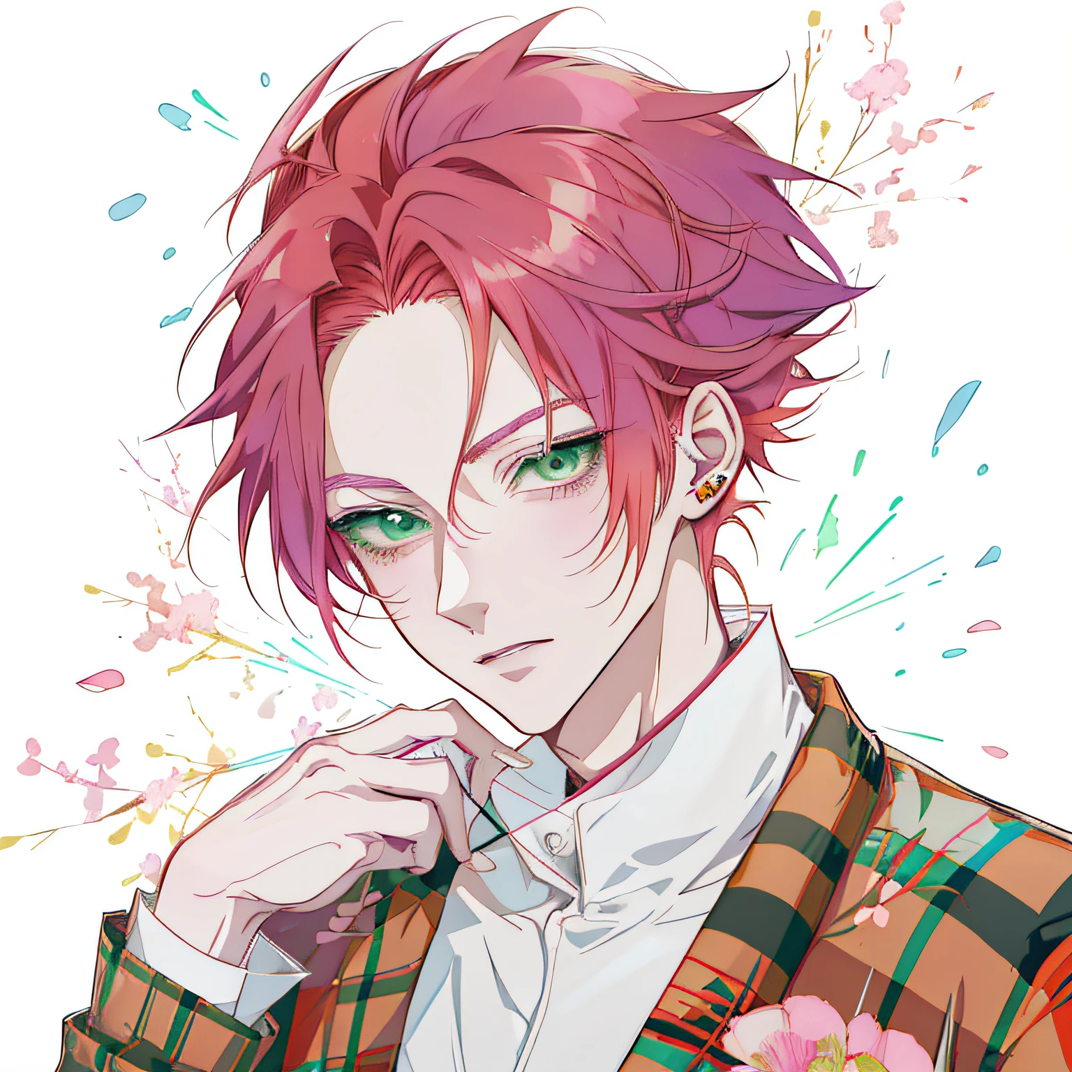 Anime man with pink hair and green eyes in a plaid jacket, kakyoin, orange - haired anime boy, male anime character, young anime man, Anime portrait of a handsome man, Anime handsome man, handsome guy in demon killer art, kentaro miura art style, Handsome anime pose, anime style character, kentaro miura manga art style, With red hair