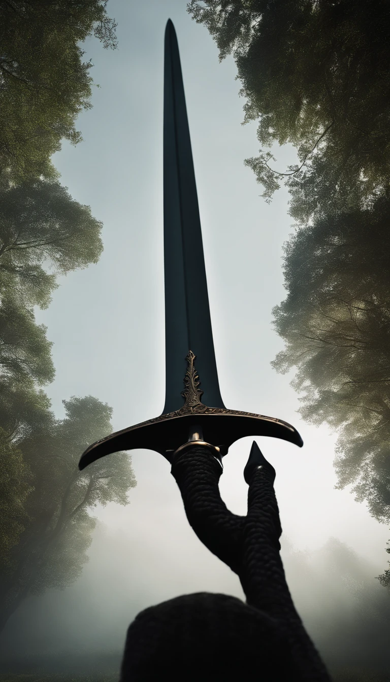 a sword stuck in the ground, two - handed sword, giant sword, an evil sword, large sword, broad sword, big sword, long sword, sword pointed at sky, huge oversized sword, chainsword in the other, medieval sword, orkish sword, holding a giant sword