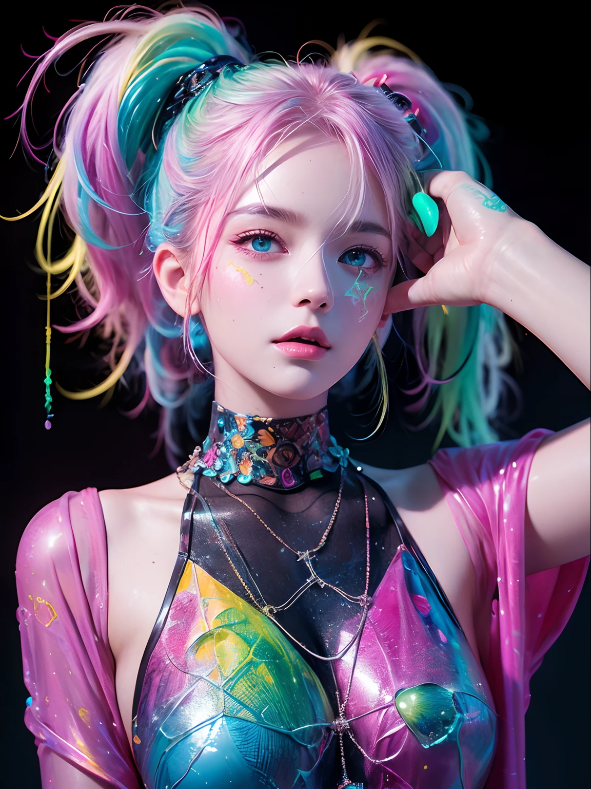 Young woman, anime, sexy, One Full Growth in Latex,  sparkles, Pink Green Hair, posing, on the Background Cyber Punk Sewer, in the Fog and Green Haze, Glitter Dust, dynamic shadows, masterpiece, bright colors, Shimmers, clear details, beautiful appearance, Wide Format Image, score_9, score_8_up,score_7_up, masterpiece, best quality, perfect anatomy, very aesthetic, official art, 8k