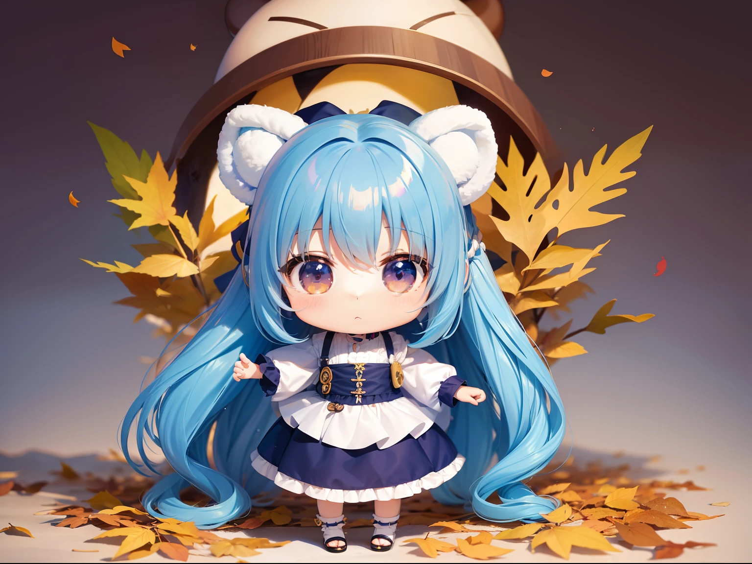 Chibichara　long hair with blue hair((Chibi Chara))、Fluffy、girl with、Chibi Chara、full body Esbian、Pastel colors hair、masutepiece、top-quality、Background of autumn leaves、Cute bears are also with us。