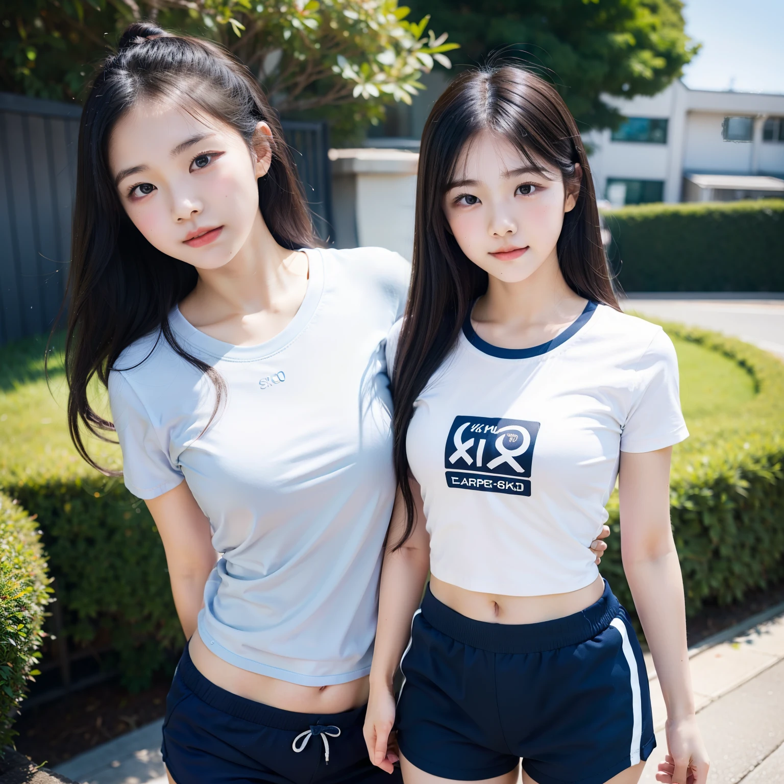 two girls standing in the park,Plain white school gym shirt with navy blue trim, Navy blue speed briefs,Red headband,White headband,,bangs,A small smile,Thighs,knees,Straight hair with barrette,From below,Front light, White panties visible through the skirt、Lift the hem of your skirt with both hands to reveal your panties、Are thin、slender、Small breasts、Flat Chest、Small breasts