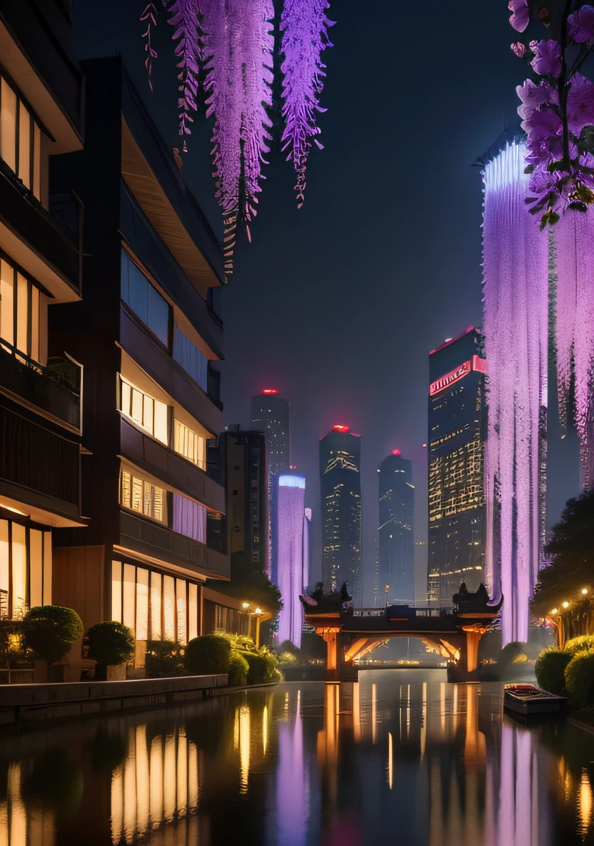 Chengdu,城市,pandas,Floating wisteria flowers,Wisteria flowers,View of the city with many high-rise buildings, with tall glass skyscrapers, endless forest of high buildings