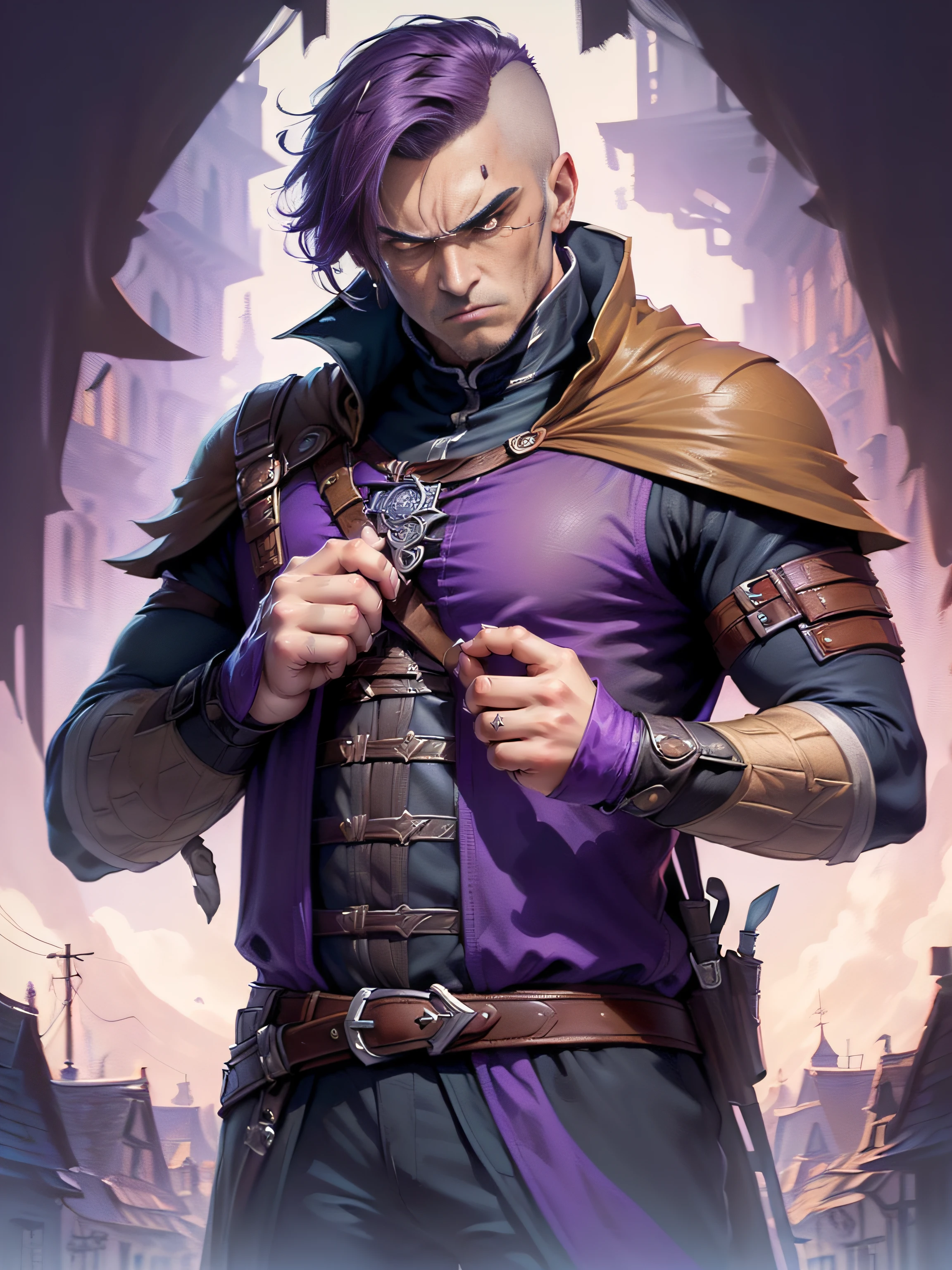 (superfine illustration, Best Quality, Ultra-detailed, Correct delineation, Perfect fingers, Perfect hands, fantasy illust:1.5), (town as background,:1.5), (male mysterious assassin, frown, wearing assassin costume:1.5), (solo, male face, male eyebrow, sharp eyes opened, sharp nose:1.35), profile, (purple hair, extremely short hair, clench:1.2), anger vein,