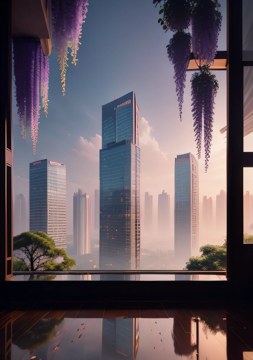Chengdu,城市,pandas,Floating wisteria flowers,Wisteria flowers,View of the city with many high-rise buildings, with tall glass skyscrapers, endless forest of high buildings