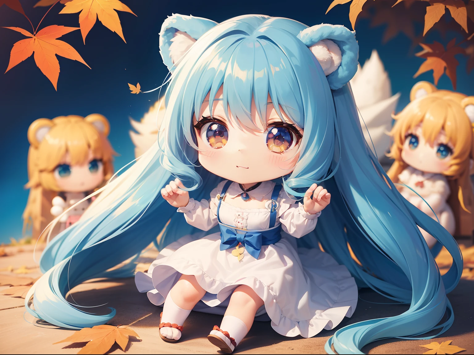 Chibichara long hair with blue hair((Chibi Chara))、Fluffy、girl with、Chibi Chara、full body Esbian、Pastel colors hair、masutepiece、top-quality、Background of autumn leaves、Cute bears are also with us。