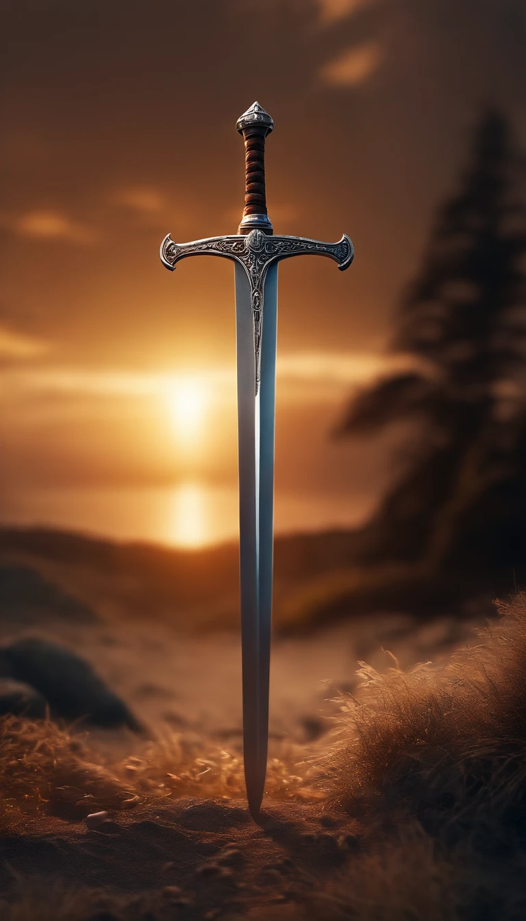 a sword stuck in the ground,sun rising,(best quality,4k,8k,highres,masterpiece:1.2),cinematic,vivid colors,sharp focus,ultra-detailed,landscape,portraits,professional,physically-based rendering,hdr,bokeh