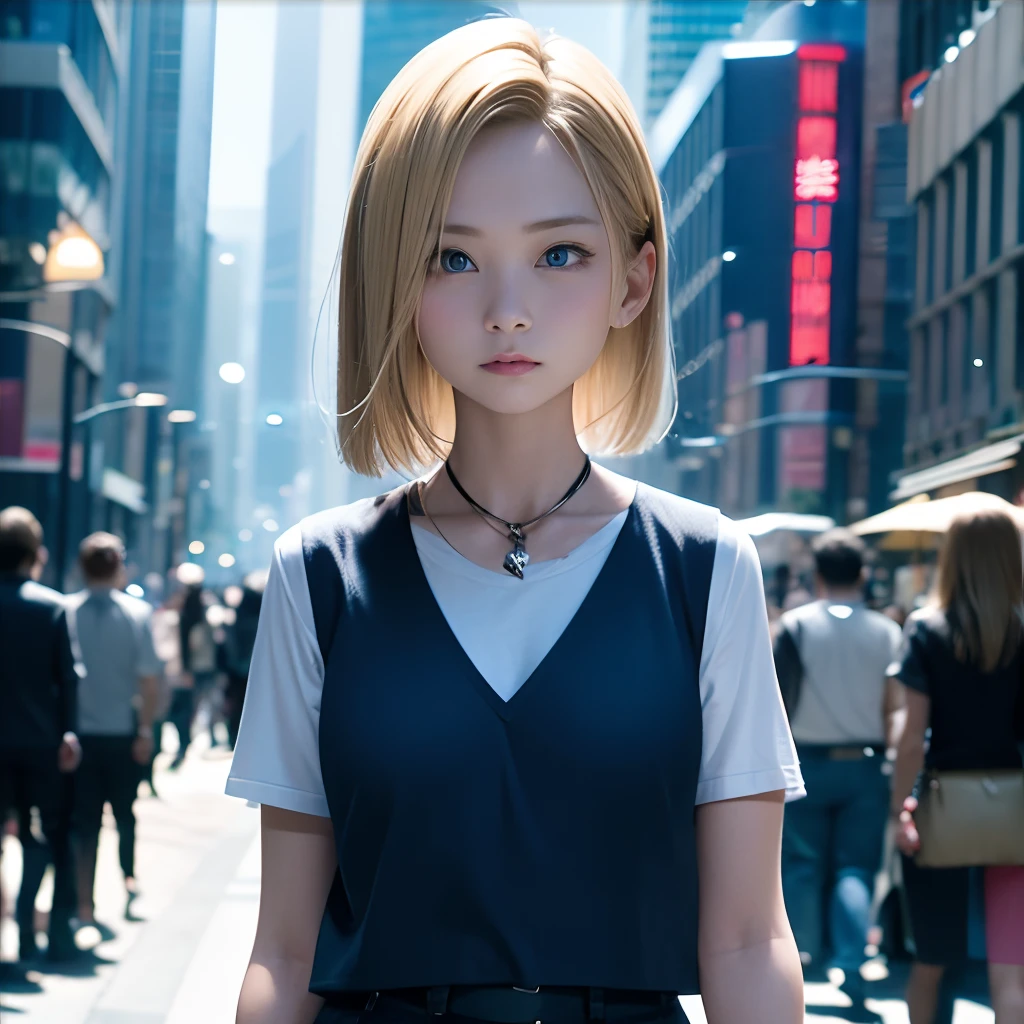 Cartoon characters flying in the sky、Woman in blue clothes holding lightning, concept-art:Akira Toriyama, Trends of the CG Association, Art Today, Official art, Screenshots of PlayStation 5, 1. Super Detail Woman、Android 18、独奏、blonde  hair、((Blue eyes))、short-hair、耳?????? Ring、jewely、Denim Vest、open vest、Black pantyhose、White shirt、Denim skirt、 Short sleeves with black stripes,,,,,, a blue skirt, middlebreasts, Cowboy Shots, Street,((Futuristic city background street))、8K、Ulutra HD、Sharp lines、top-quality、hight resolution、