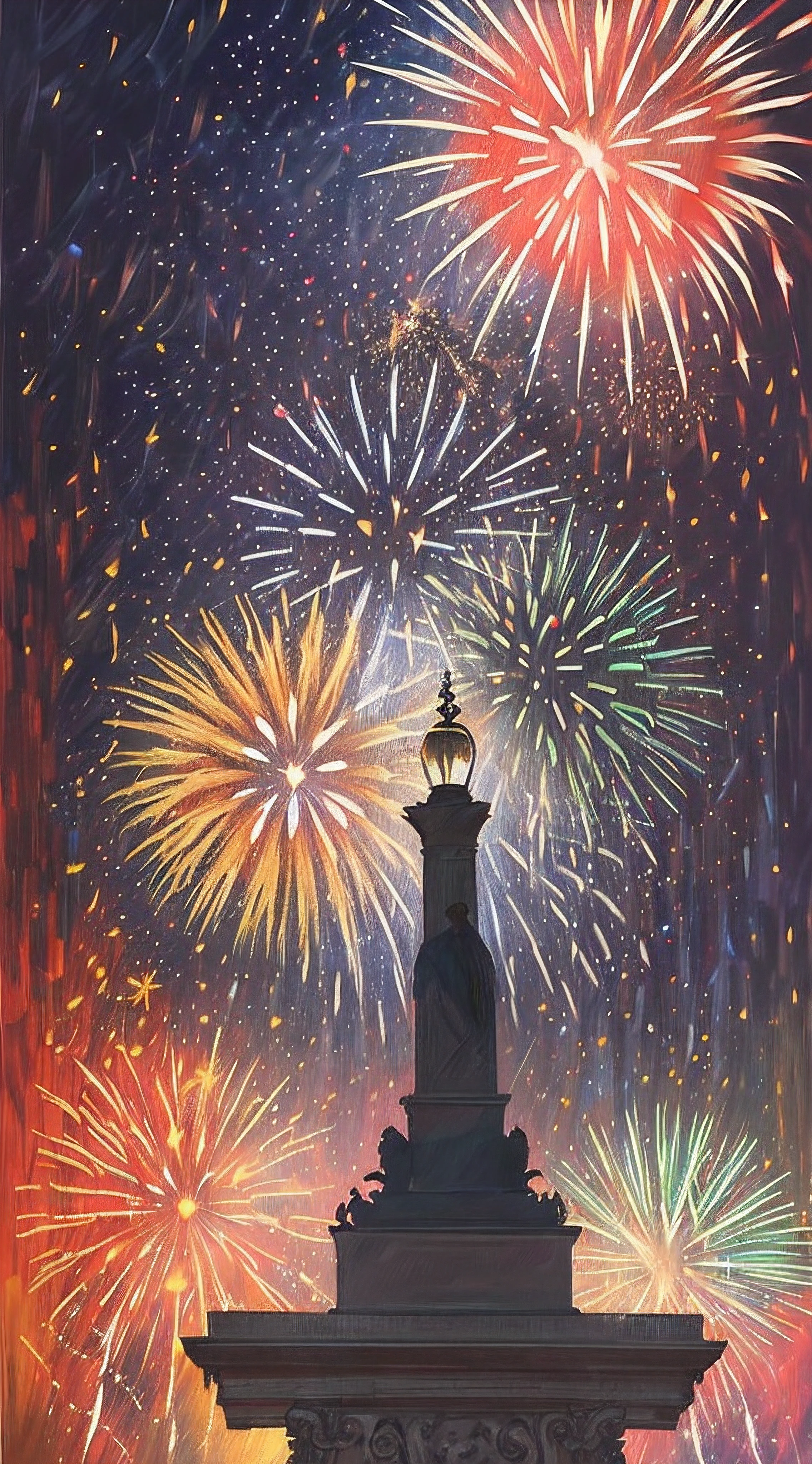 (Painting:1.3) of (Realistic:1.3),(Happy:1.3) textured oil painting of (fireworks:1.5) at dusk in (Saint Peter's Square:1.5),(by Artist Leonid Afremov:1.3),(Mingei:1.3),(Colorful:1.3),propaganda poster,soviet poster,sovietwave