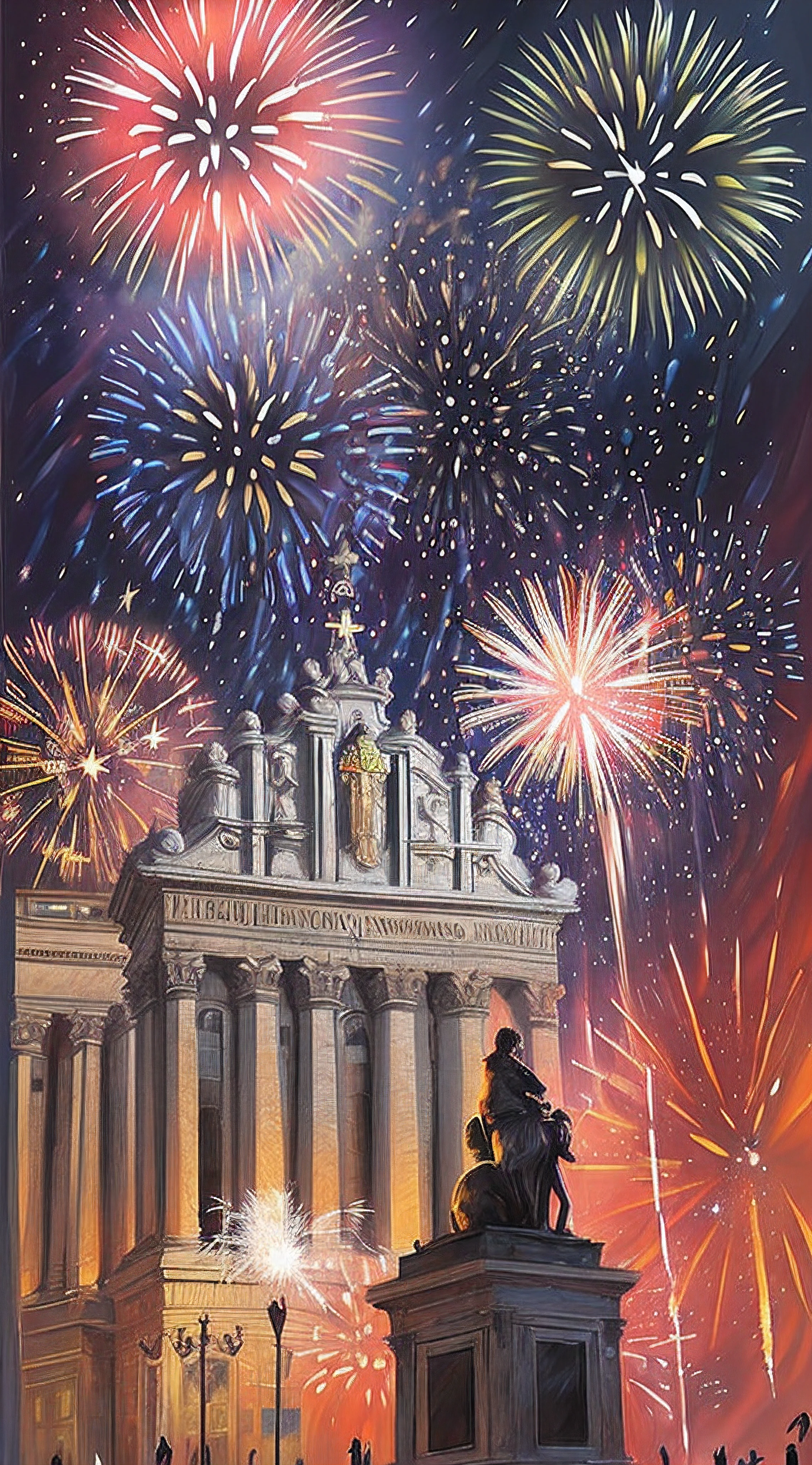 (Painting:1.3) of (Realistic:1.3),(Happy:1.3) textured oil painting of (fireworks:1.5) at dusk in (Saint Peter's Square:1.5),(by Artist Leonid Afremov:1.3),(Mingei:1.3),(Colorful:1.3),propaganda poster,soviet poster,sovietwave