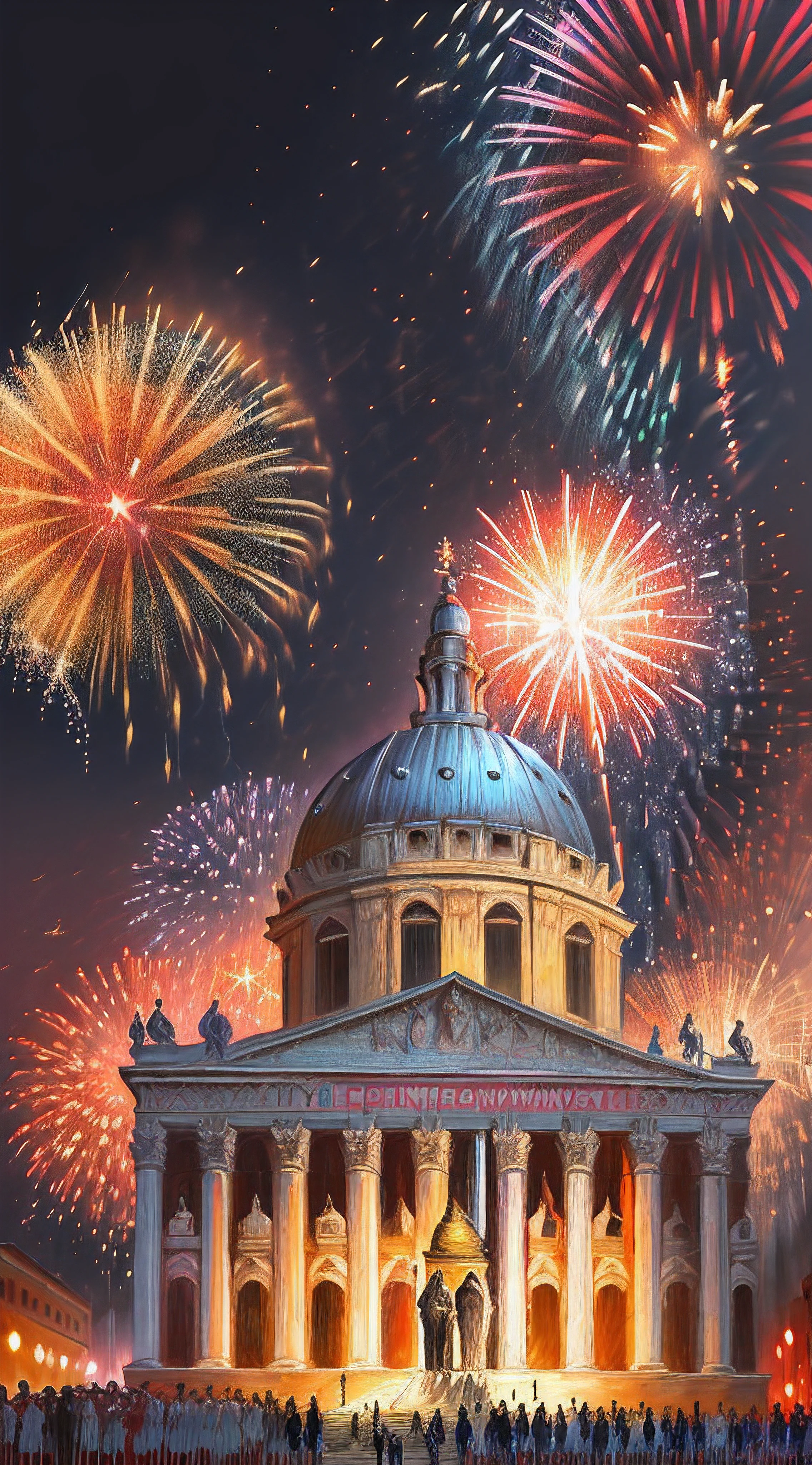 (Painting:1.3) of (Realistic:1.3),(Happy:1.3) textured oil painting of (fireworks:1.5) at dusk in (Saint Peter's Square:1.5),(by Artist Leonid Afremov:1.3),(Mingei:1.3),(Colorful:1.3),propaganda poster,soviet poster,sovietwave