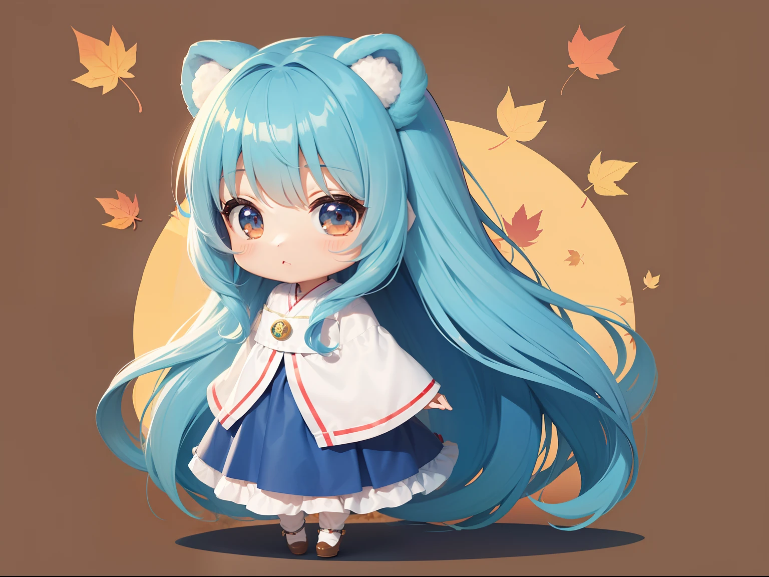 Chibichara　long hair with blue hair((Chibi Chara))、Fluffy、girl with、Chibi Chara、full body Esbian、Pastel colors hair、masutepiece、top-quality、Background of autumn leaves、Cute bears are also with us。