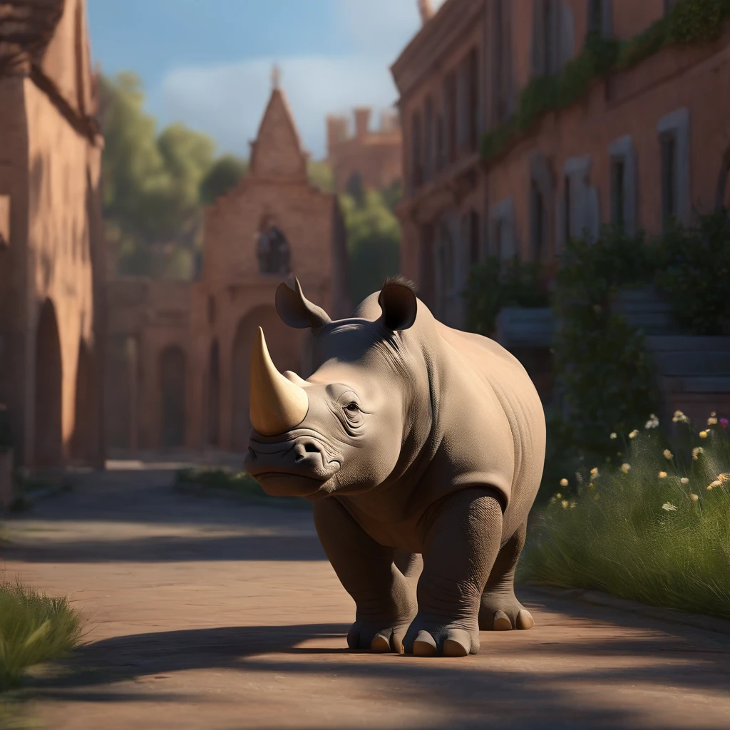 Movie quality,Disney Animation,Disney Animation Styles,Disney Movie Animation,3D Movies,Big rhino、with rounded corners、meadow background、Little cat、Sitting in an alley of the city,depth of fields,highlight,Real Light,Ray traching,OC rendering,Hyper-realistic,best qualtiy,8K,Works of masters,super-fine,Detailed pubic hair,Correct anatomy,sharp focus on eyes,Bokeh,Facial features are carefully drawn