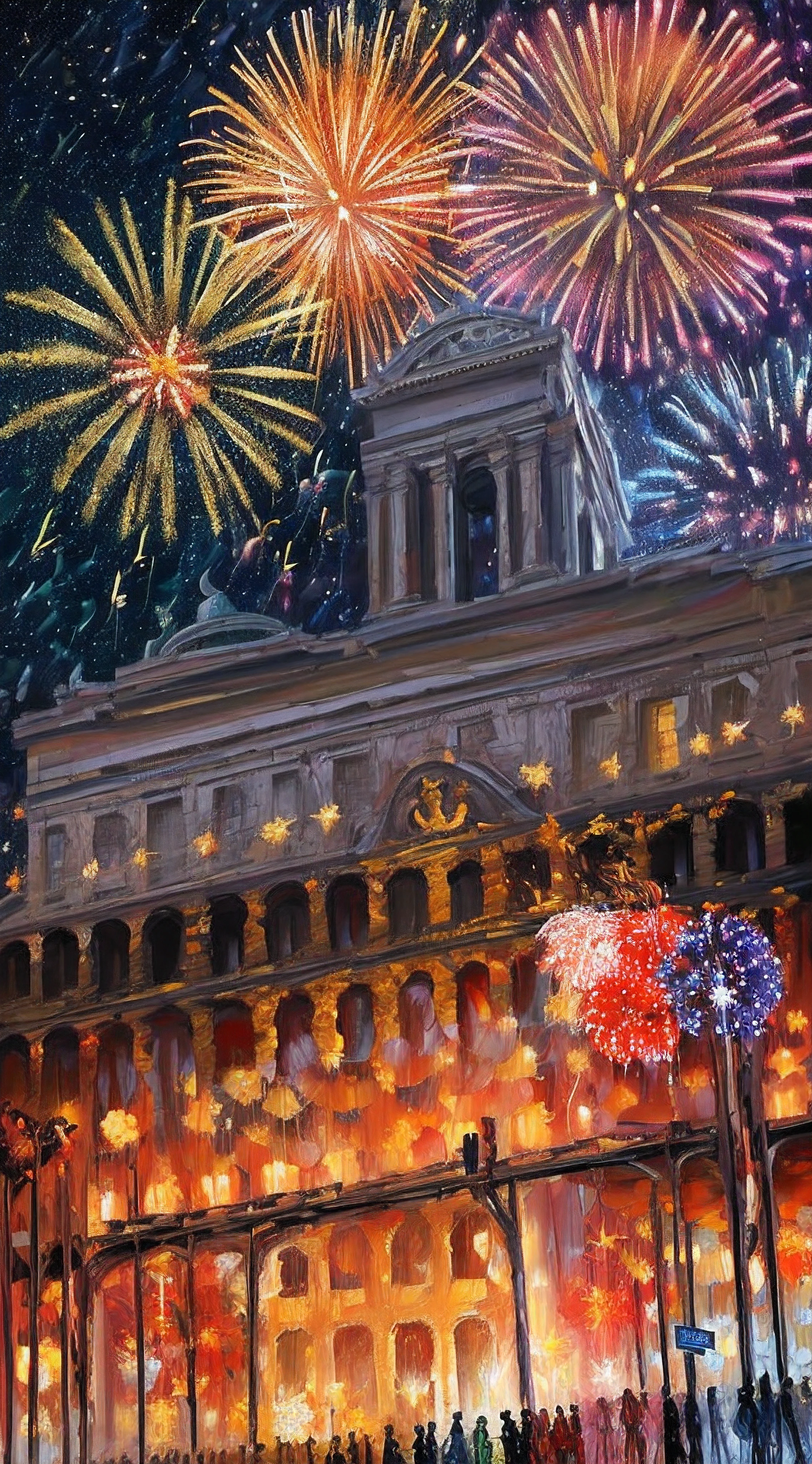 (Painting:1.3) of (Realistic:1.3),(Happy:1.3) textured oil painting of (fireworks:1.5) at dusk in (Saint Peter's Square:1.5),(by Artist Leonid Afremov:1.3),(Mingei:1.3),(Colorful:1.3),propaganda poster,soviet poster,sovietwave